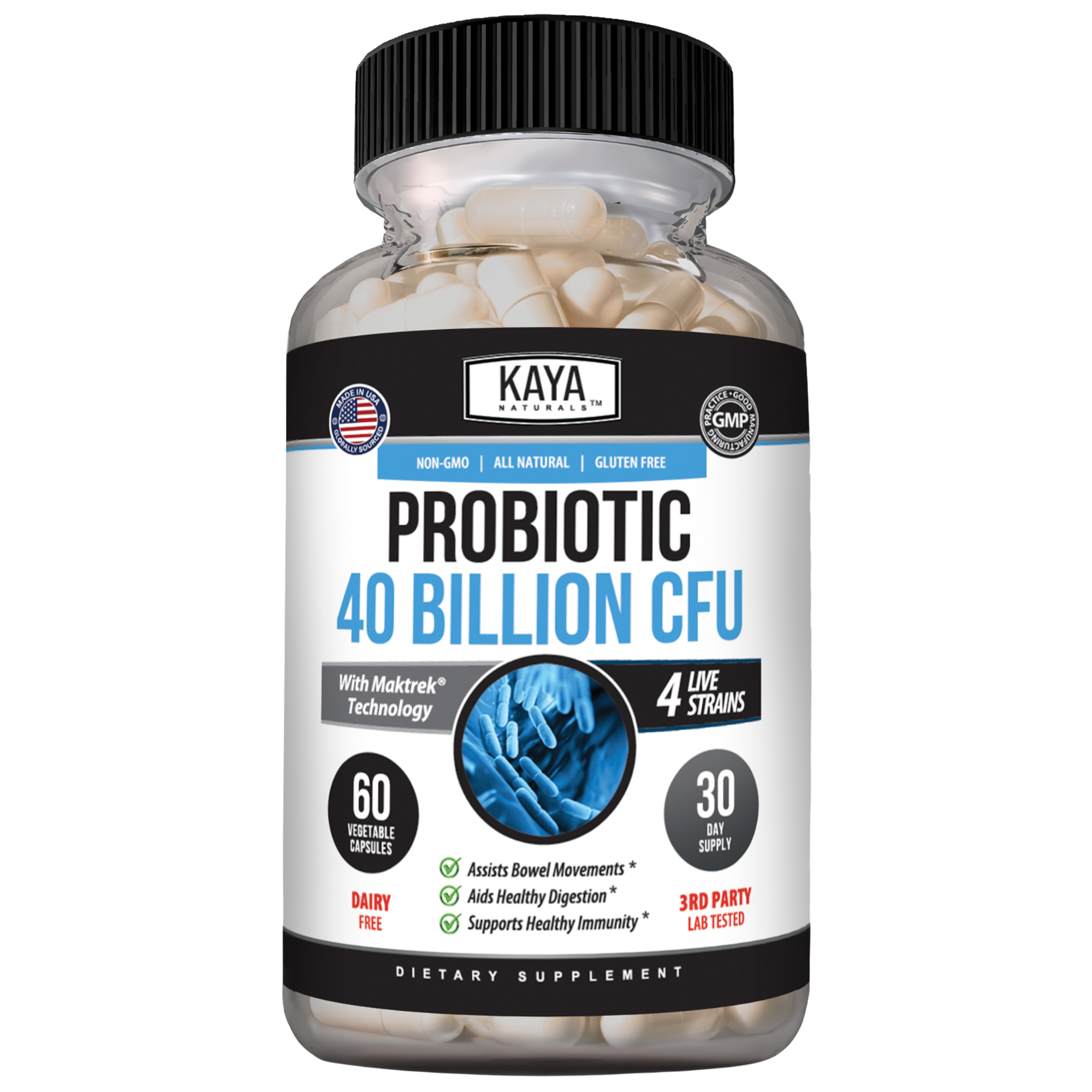 Kaya Naturals Probiotic Formula with 40 Billion CFU capsules, showing the supplement bottle and label.