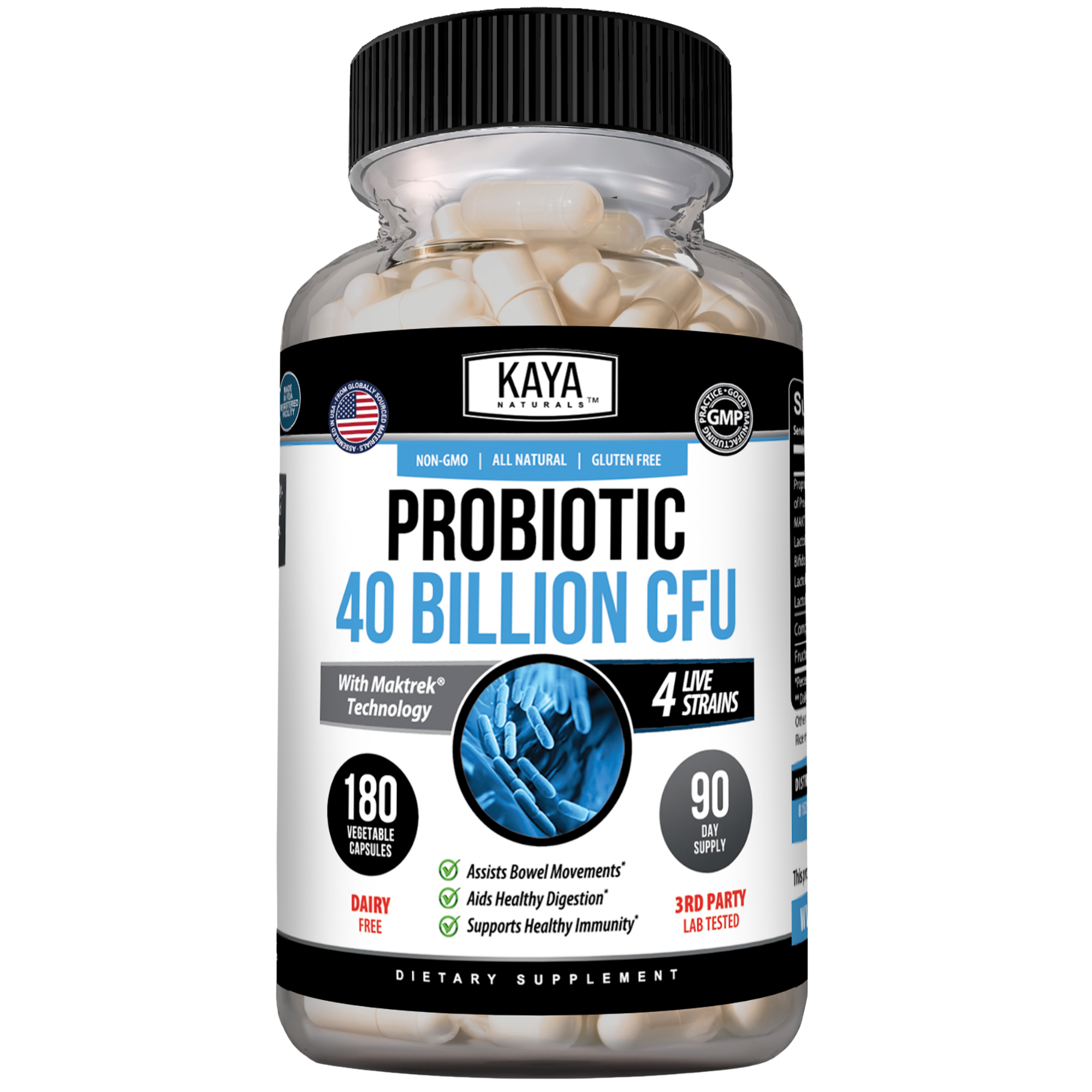 Kaya Naturals Probiotic Formula with 40 Billion CFU capsules showing a bottle of dietary supplements.