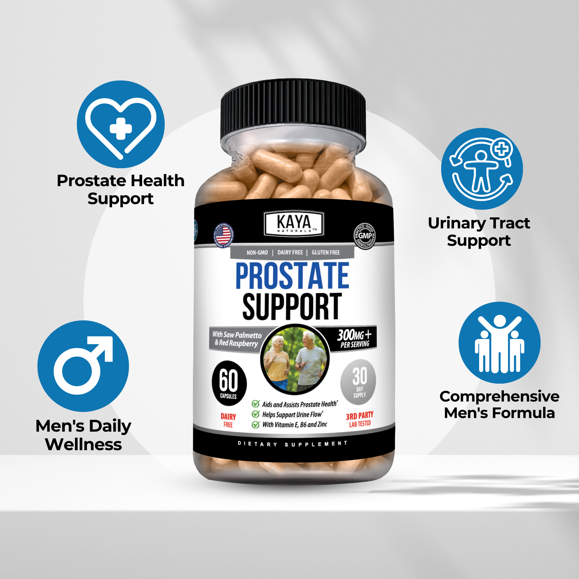 Kaya Naturals Prostate Support supplement bottle with label, featuring natural ingredients and health-focused design.