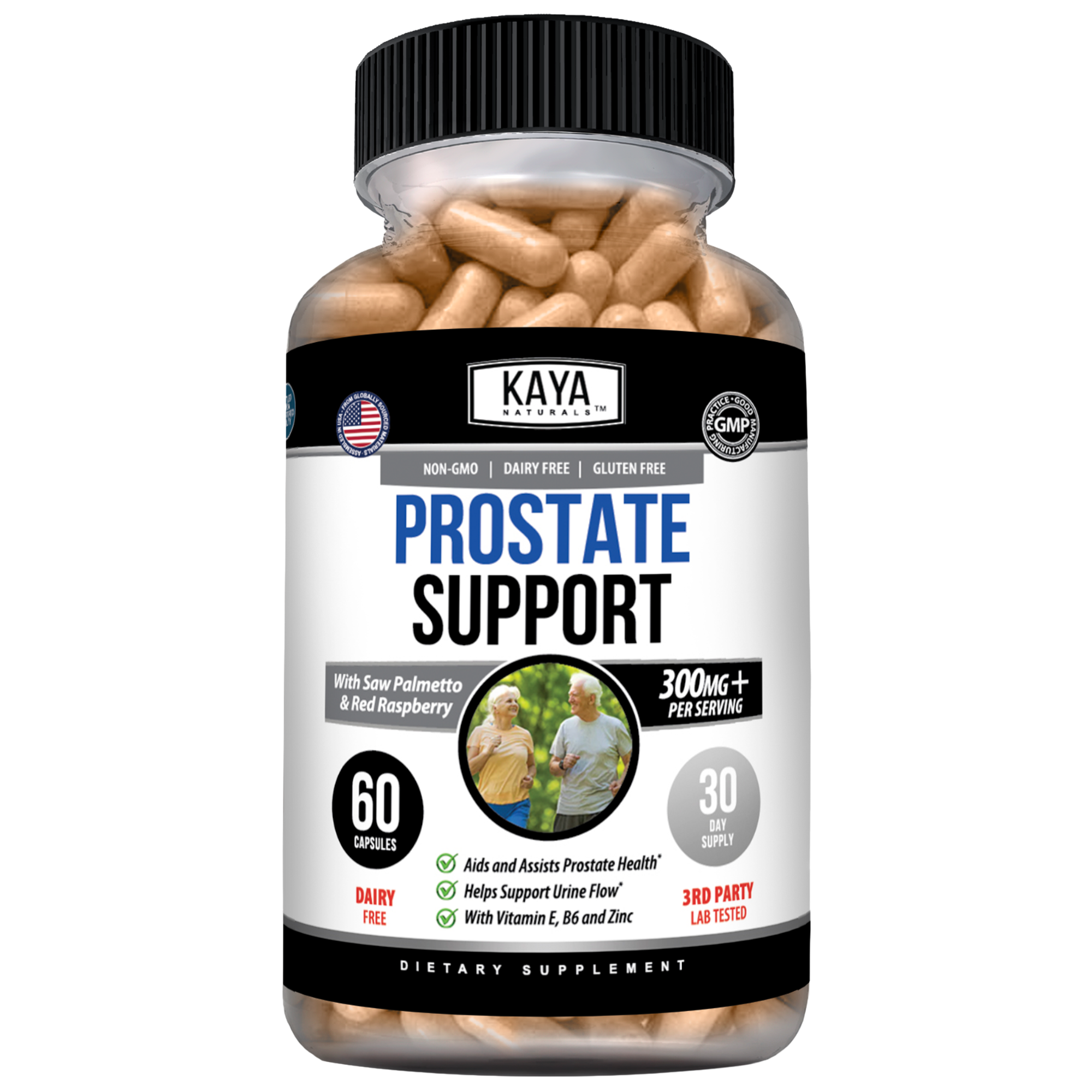 Kaya Naturals Prostate Support supplement bottle with label, showing a natural health product for prostate health.