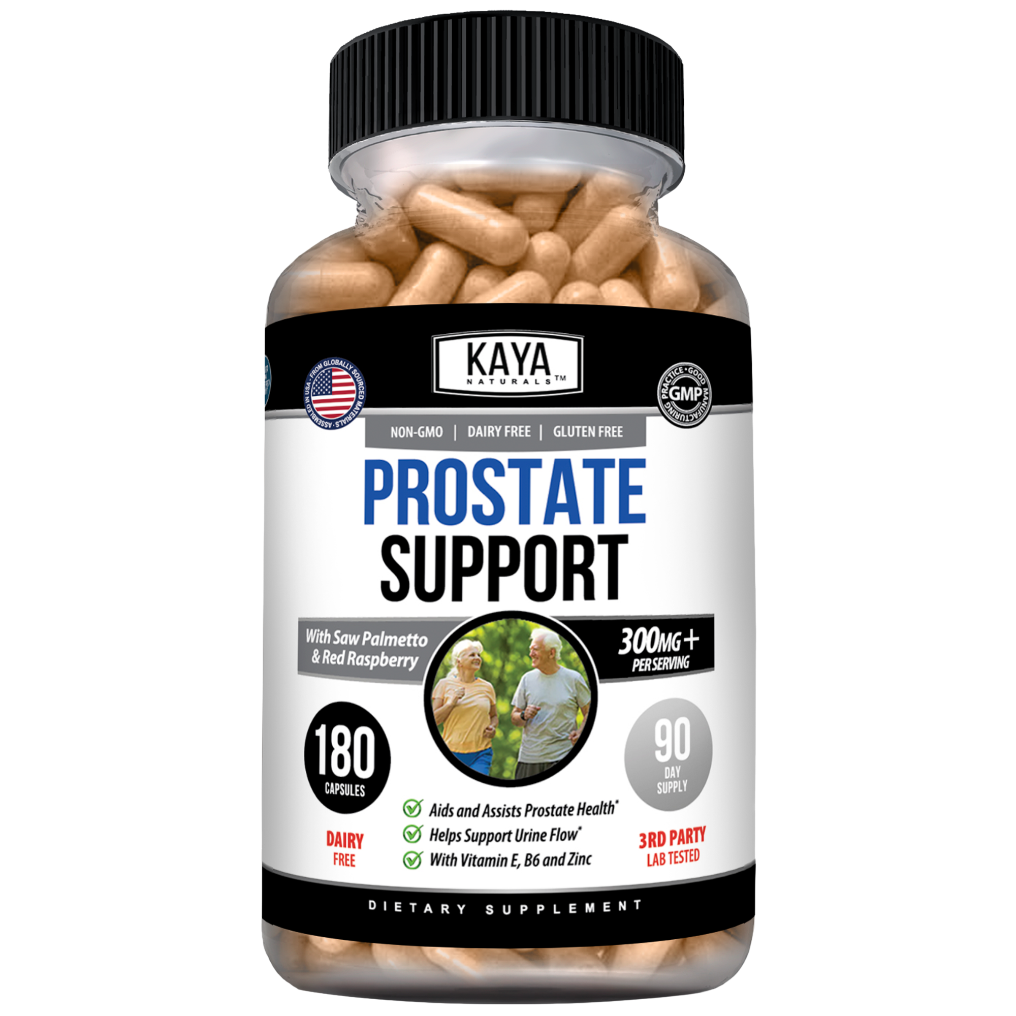 Kaya Naturals Prostate Support supplement bottle with label showing herbal ingredients and dosage information.