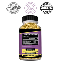 Bottle of Kaya Naturals Quercetin Plus supplement showing the label and capsules on a white background.