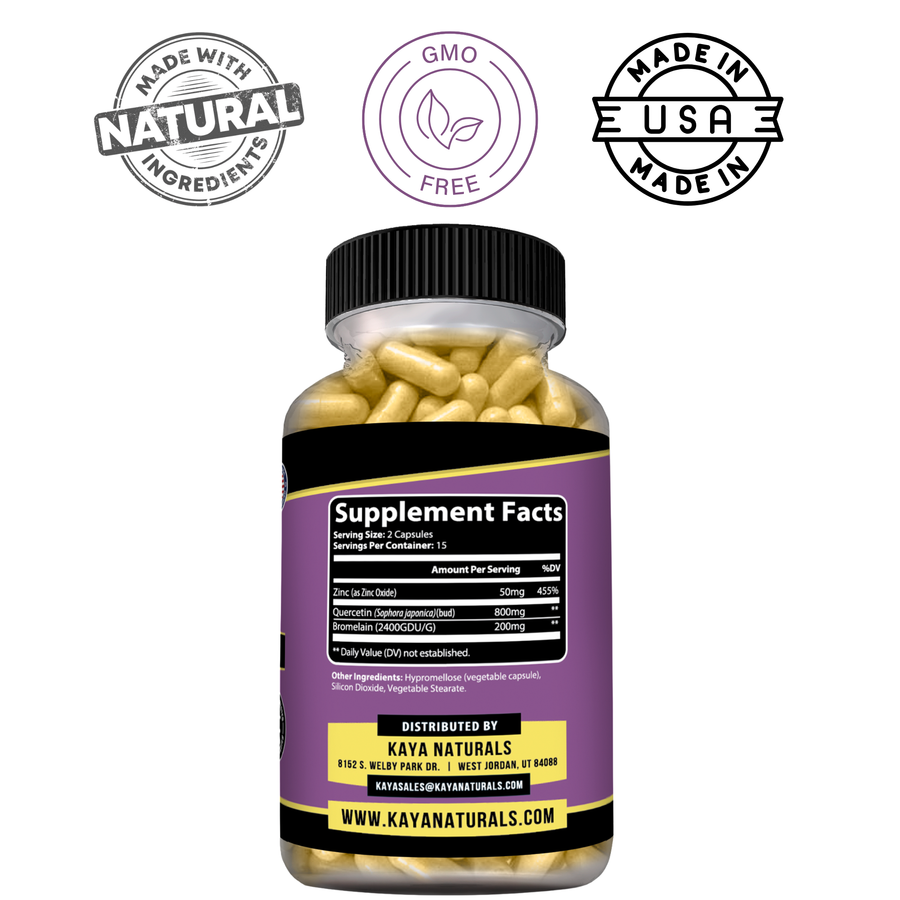 Bottle of Kaya Naturals Quercetin Plus supplement showing the label and capsules on a white background.