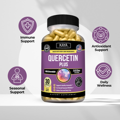 Bottle of Kaya Naturals Quercetin Plus supplement with label showing natural ingredients and dosage information.