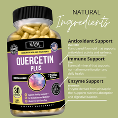 Bottle of Kaya Naturals Quercetin Plus supplement with capsules in clear blister packs on a white background