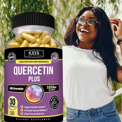 Bottle of Kaya Naturals Quercetin Plus supplement with label showing natural ingredients and dosage on a white background.