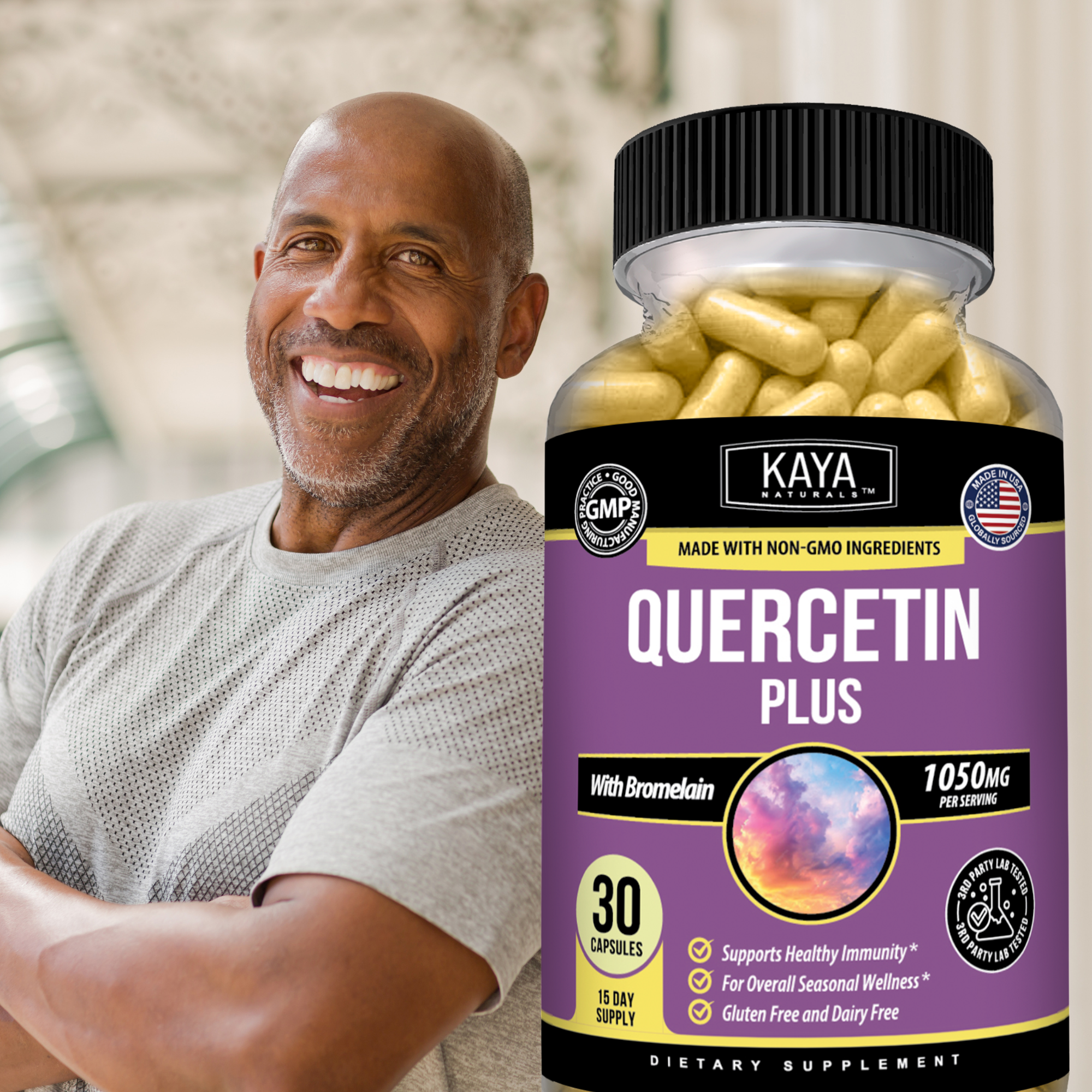 Bottle of Kaya Naturals Quercetin Plus supplement with label showing product details and branding.