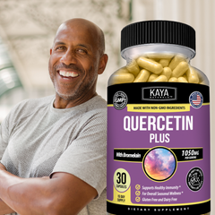 Bottle of Kaya Naturals Quercetin Plus supplement with label showing product details and branding.