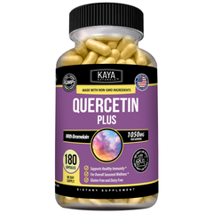 Bottle of Kaya Naturals Quercetin Plus supplement with label displaying product name and natural ingredients.