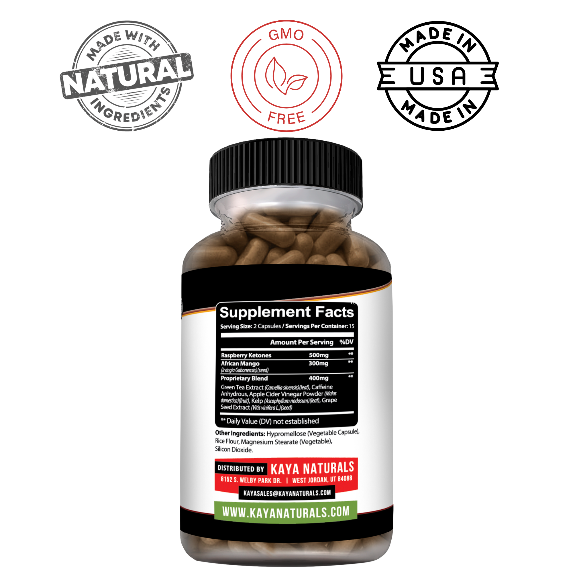 Bottle of Kaya Naturals Raspberry Ketones supplement with 30 capsules, featuring a clear label and natural raspberry flavor.