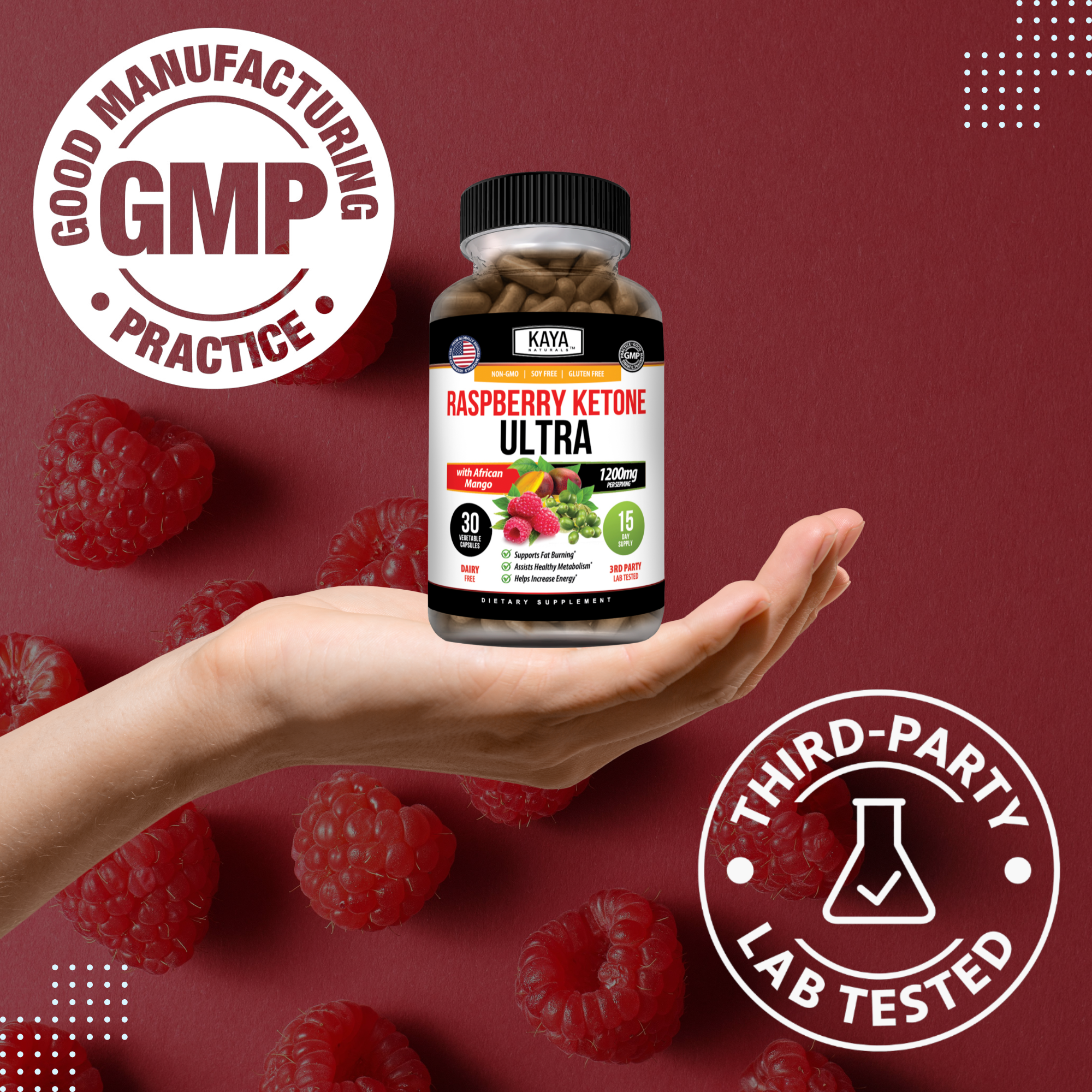 Bottle of Kaya Naturals Raspberry Ketones supplement with 30 capsules, featuring a clear label and natural raspberry flavor packaging.