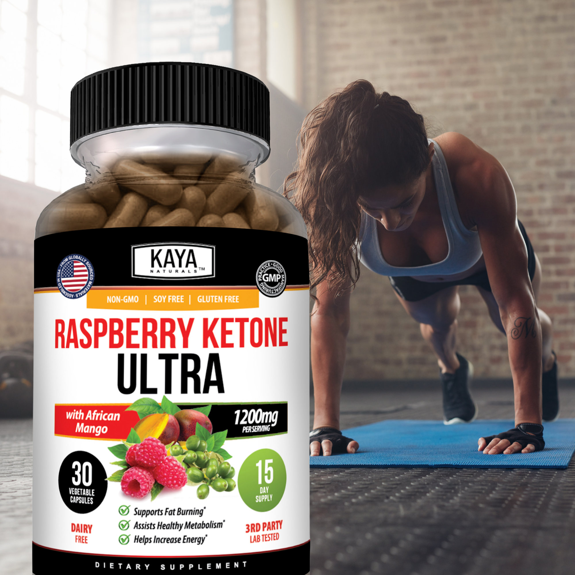 Kaya Naturals Raspberry Ketones supplement bottle with 30 capsules, featuring raspberry flavor and natural ingredients.