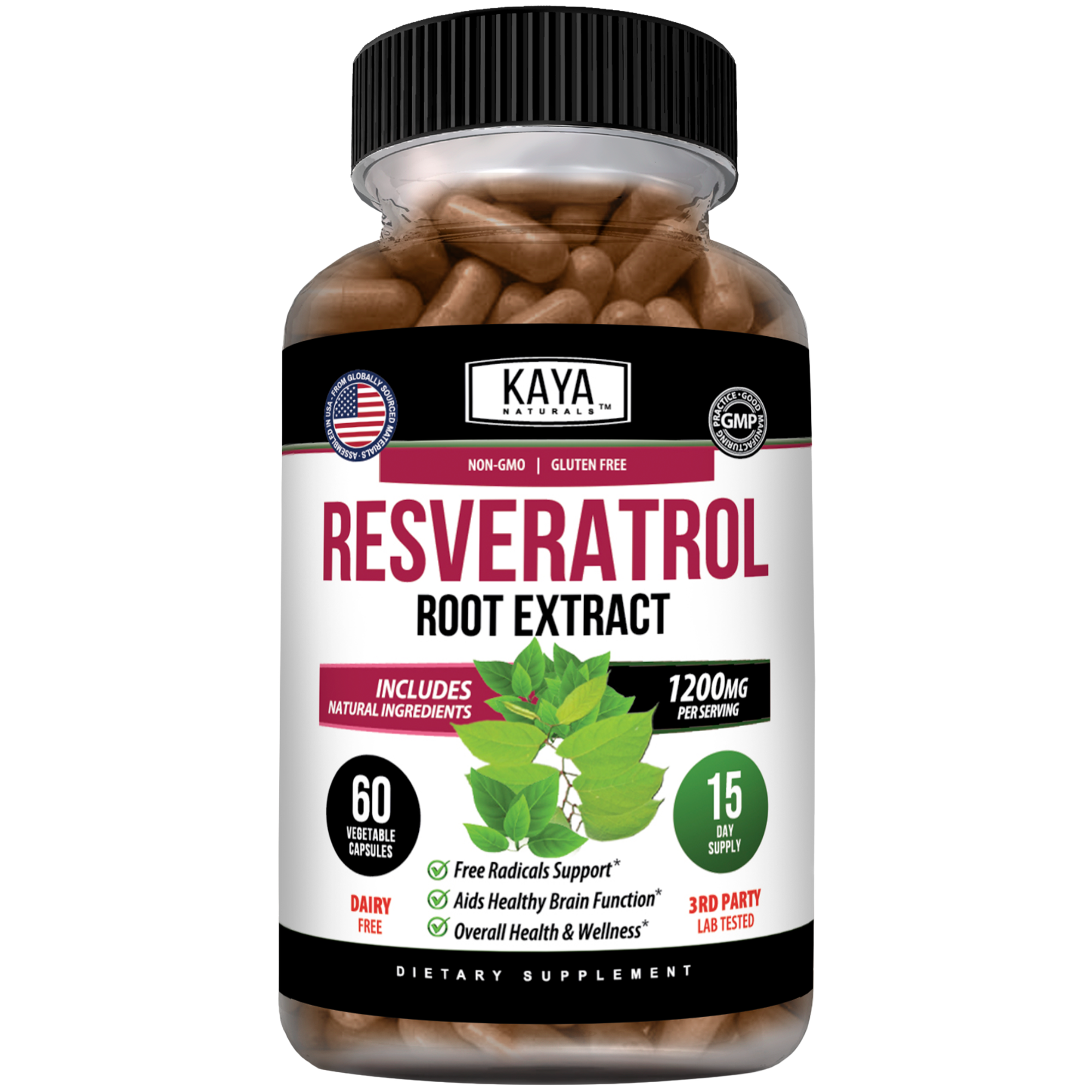 Kaya Naturals Resveratrol supplement bottles with label showing capsules and natural health branding.