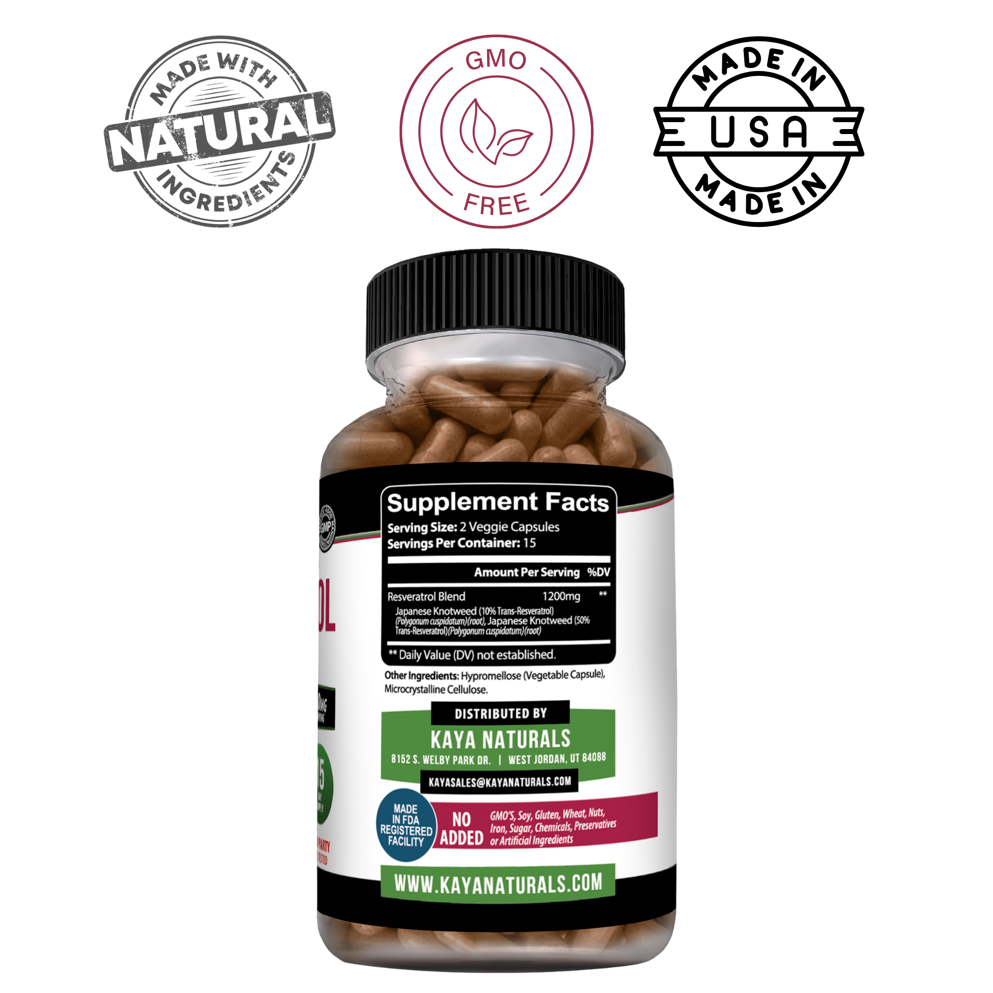 Kaya Naturals Resveratrol supplement bottle with 30 capsules, featuring a clear label and cap, on a white background.