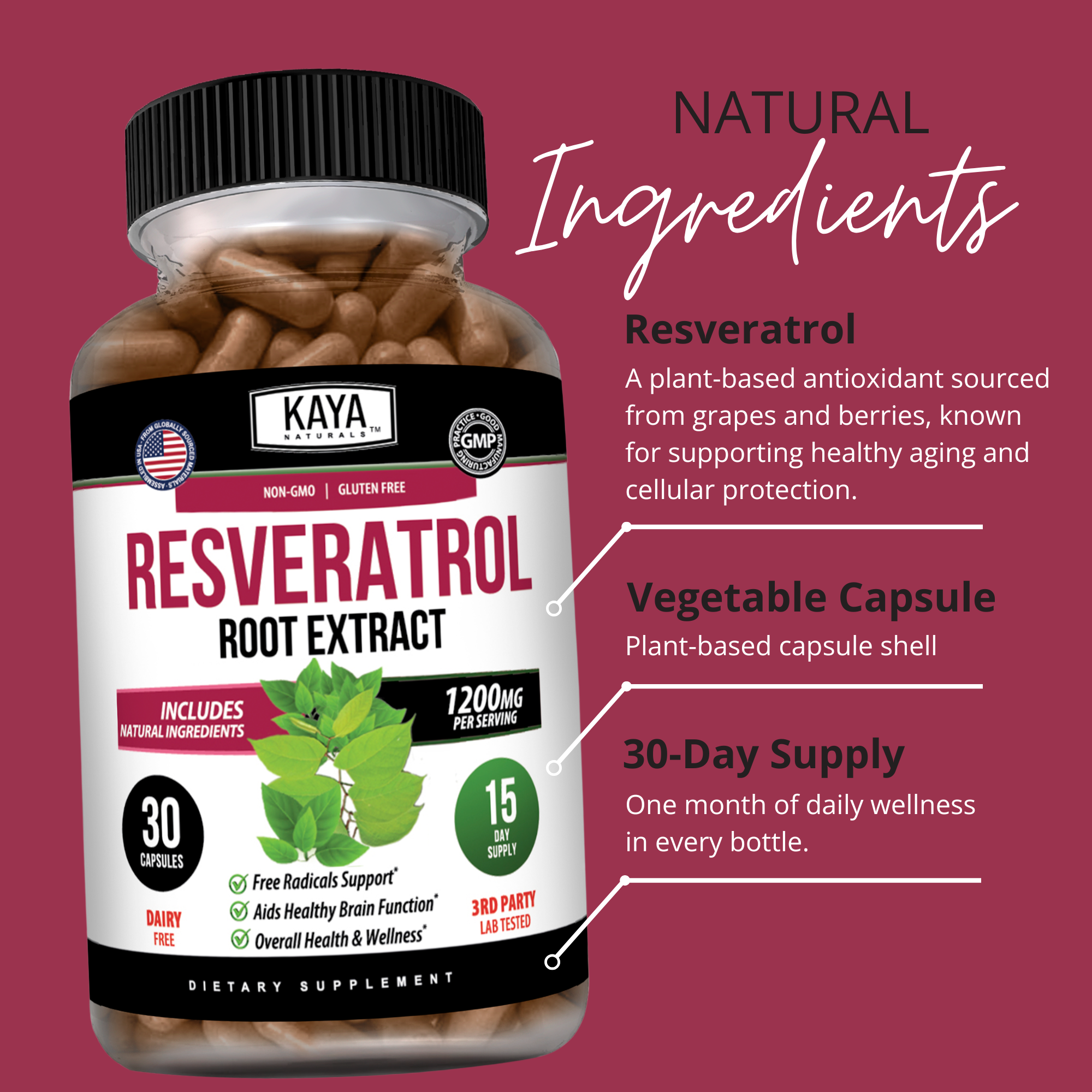 Kaya Naturals Resveratrol supplement bottle with 30 capsules, featuring a clean label design on a white background.