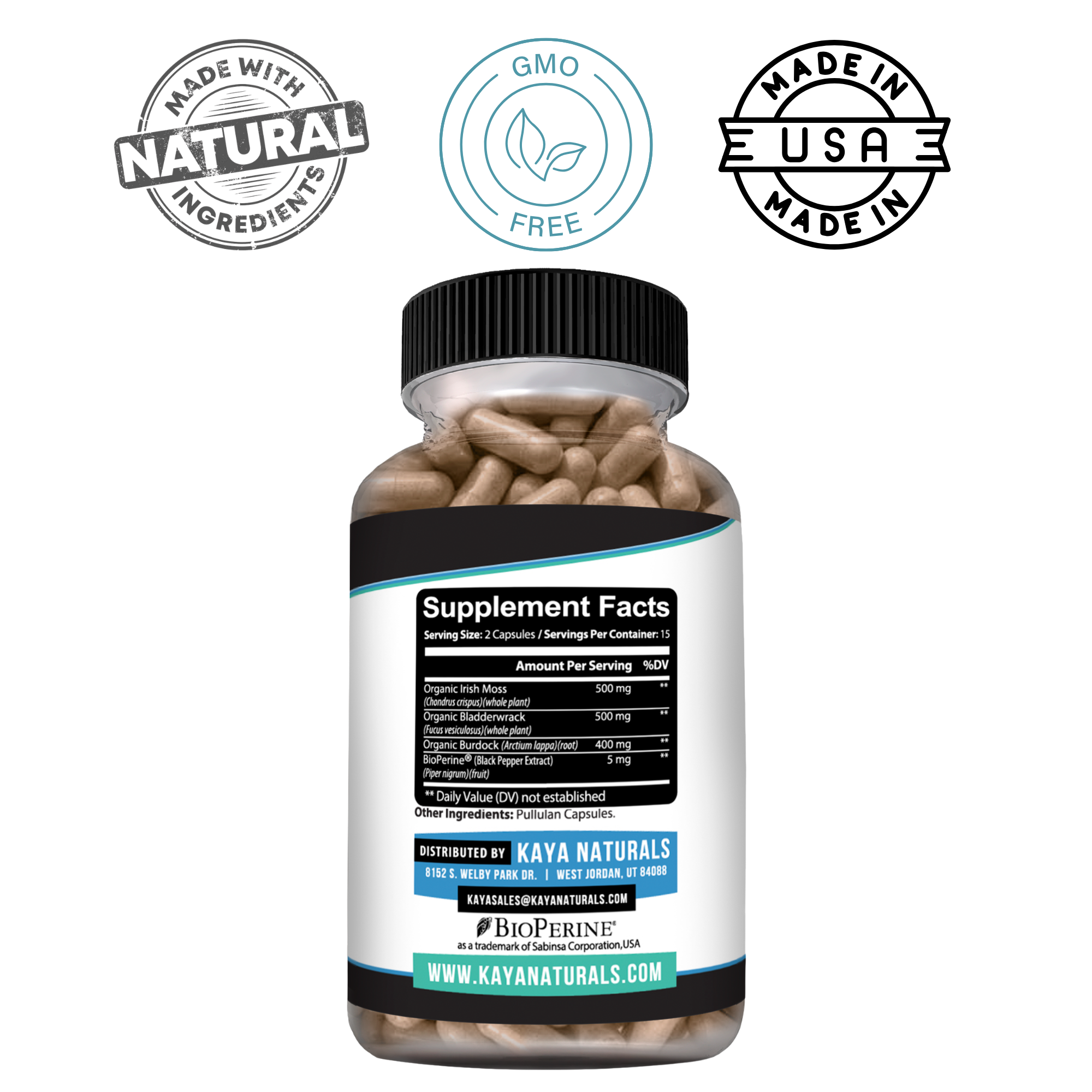 Sea Moss with Bladderwrack, Burdock, and BioPerine® by Kaya Naturals, showing the supplement capsules in a bottle.