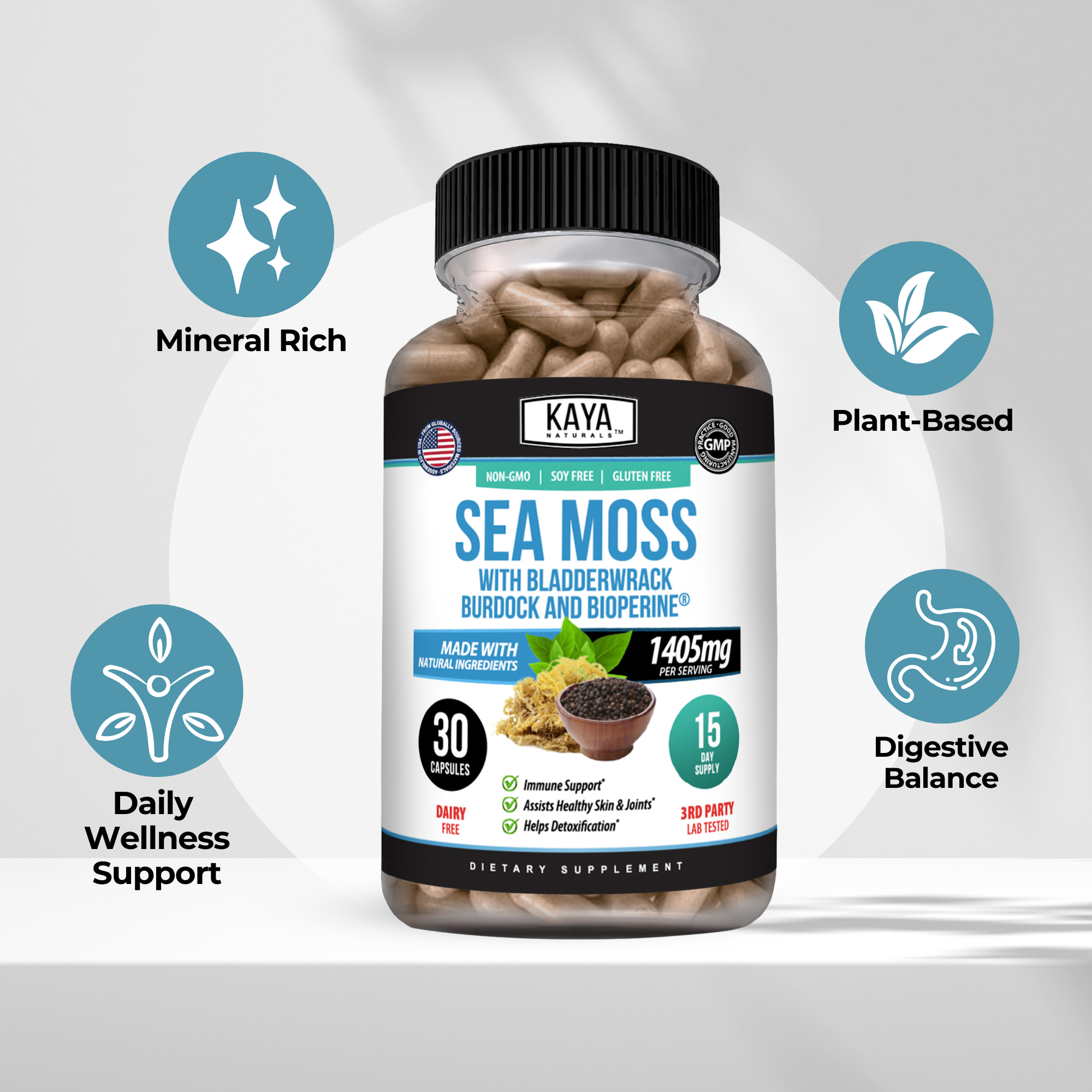 Sea Moss supplement by Kaya Naturals with Bladderwrack, Burdock, and BioPerine®, showing the supplement capsules in a jar.