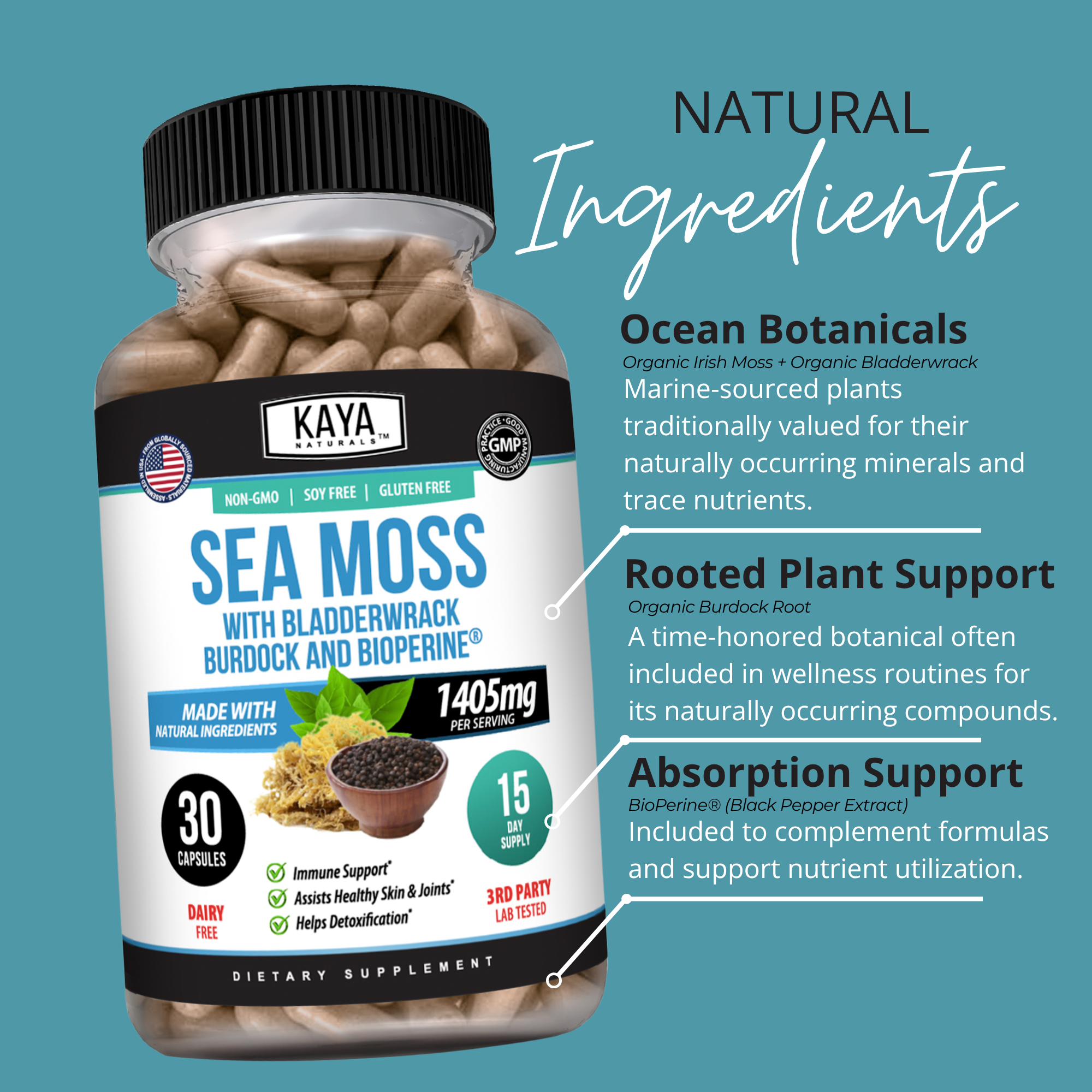 Sea Moss with Bladderwrack, Burdock, and BioPerine® by Kaya Naturals, showing the supplement capsules in a jar.
