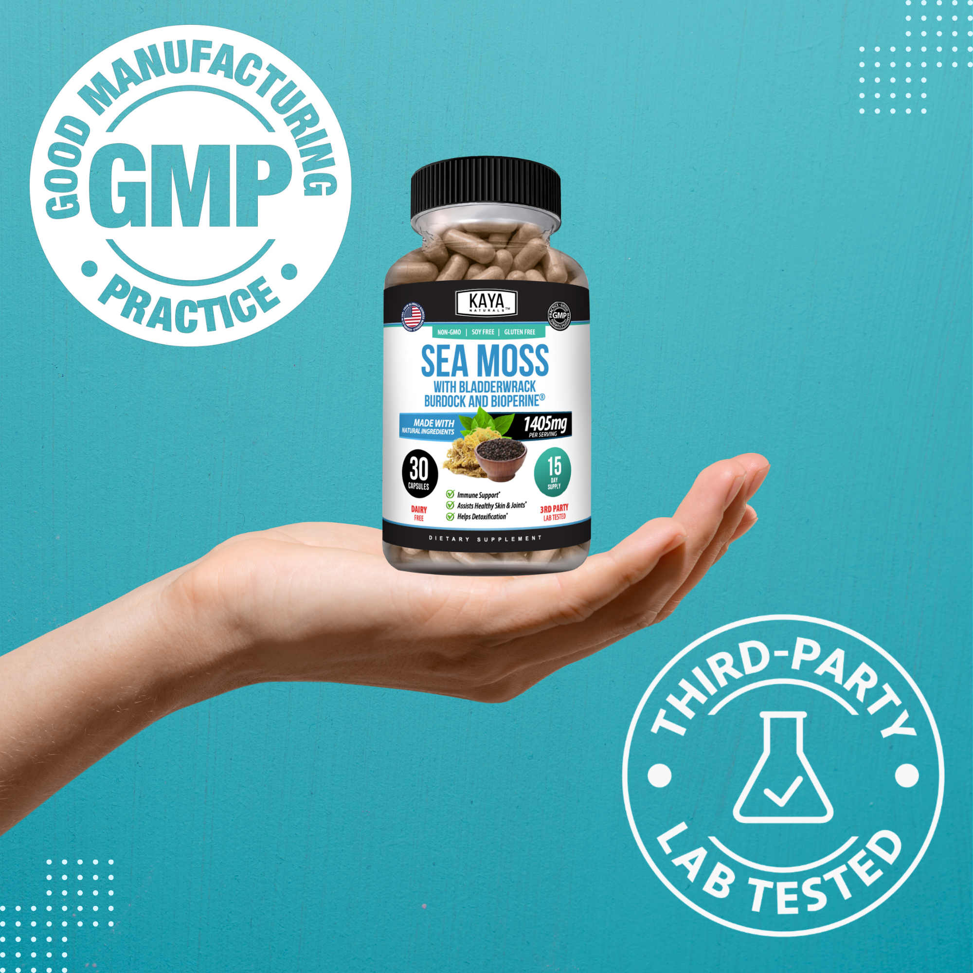Sea Moss with Bladderwrack, Burdock, and BioPerine® from Kaya Naturals, featuring fresh sea moss and herbal supplements in a jar.