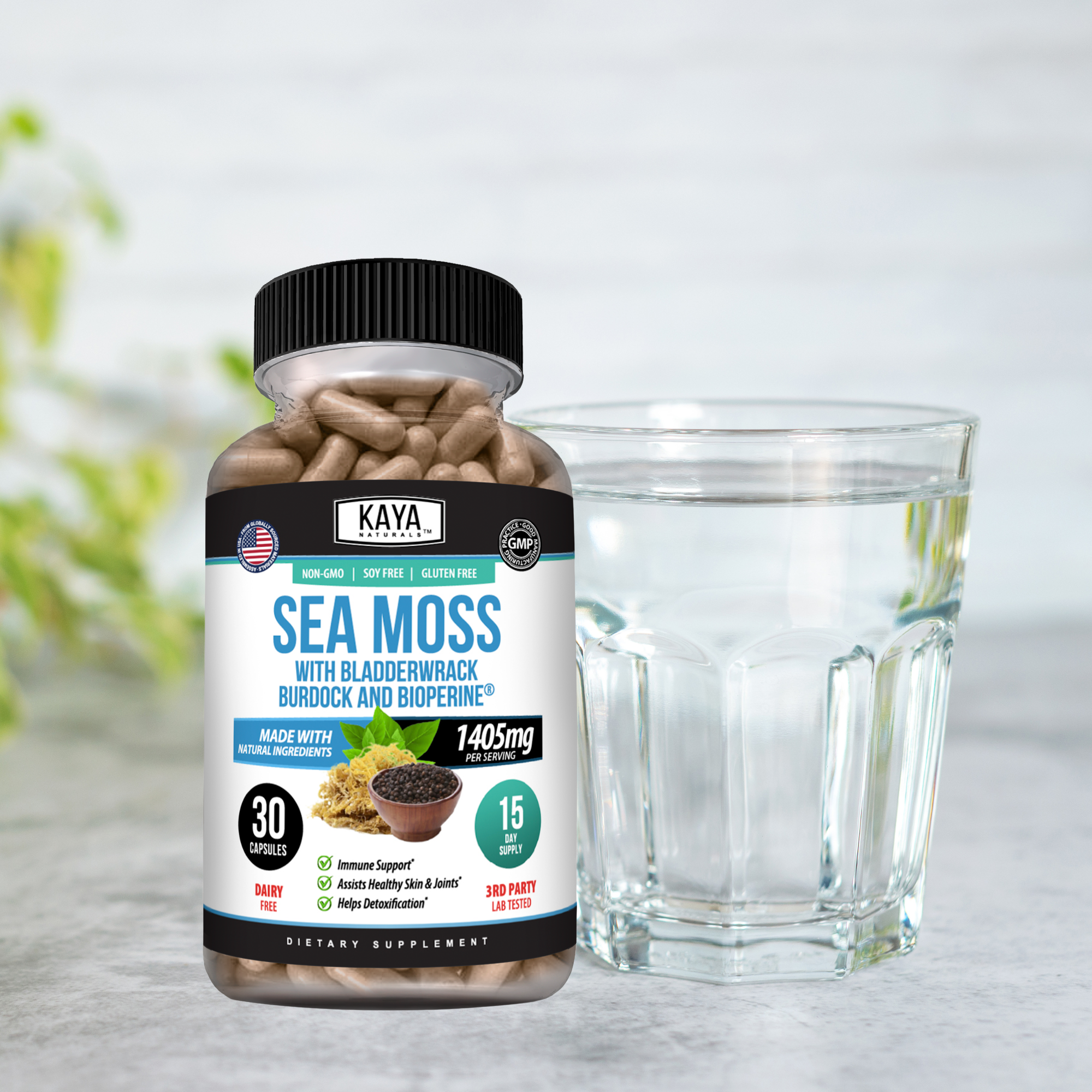 Sea Moss supplement by Kaya Naturals with Bladderwrack, Burdock, and BioPerine® in a jar, highlighting natural herbal ingredients.