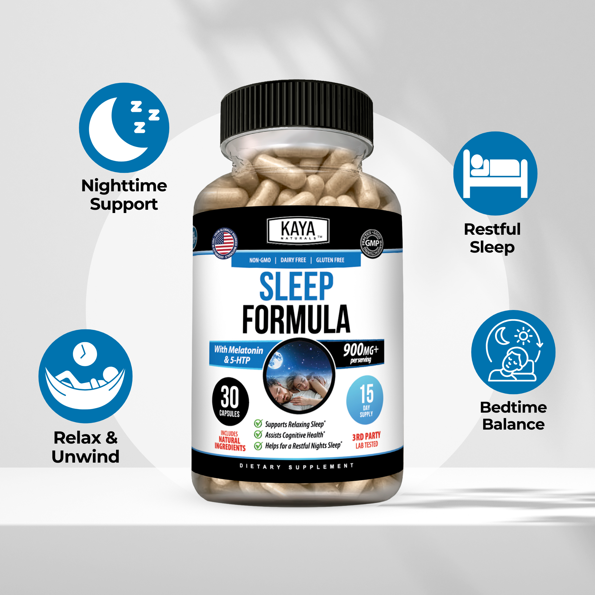 Kaya Naturals Sleep Support Capsules in a bottle, featuring natural herbal ingredients for restful sleep.