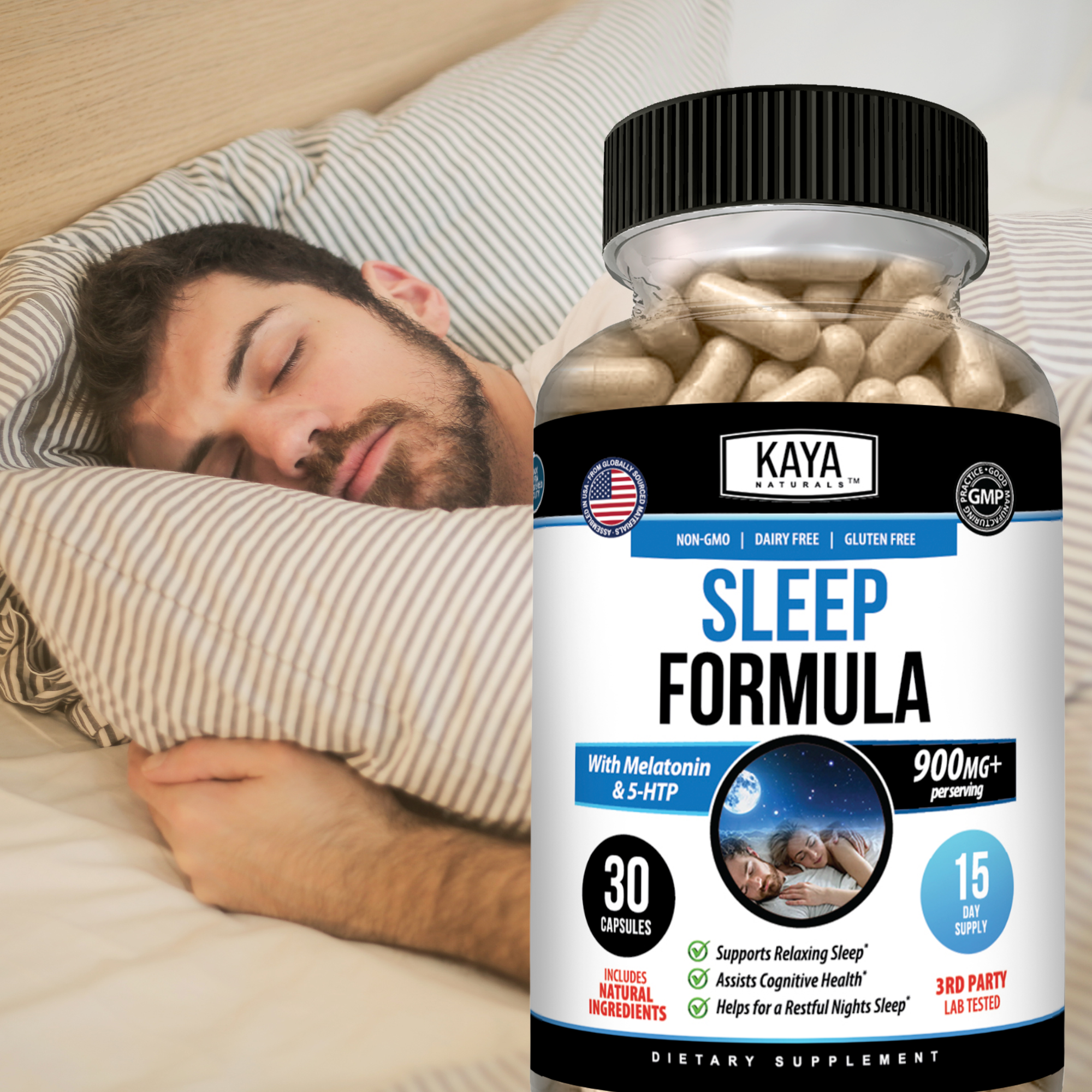 Kaya Naturals Sleep Support Capsules bottle, dietary supplement with natural ingredients for better sleep.