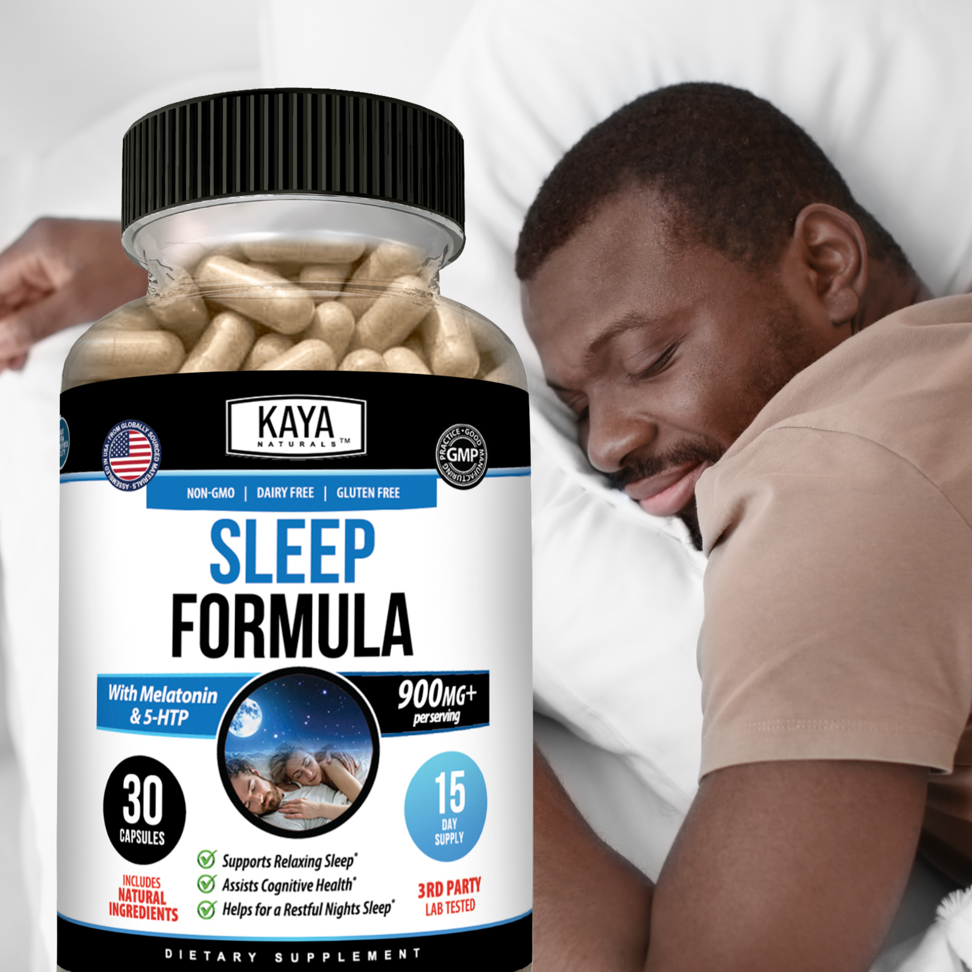 Kaya Naturals Sleep Support Capsules bottle with 30 capsules, natural sleep aid supplement in a white container with label