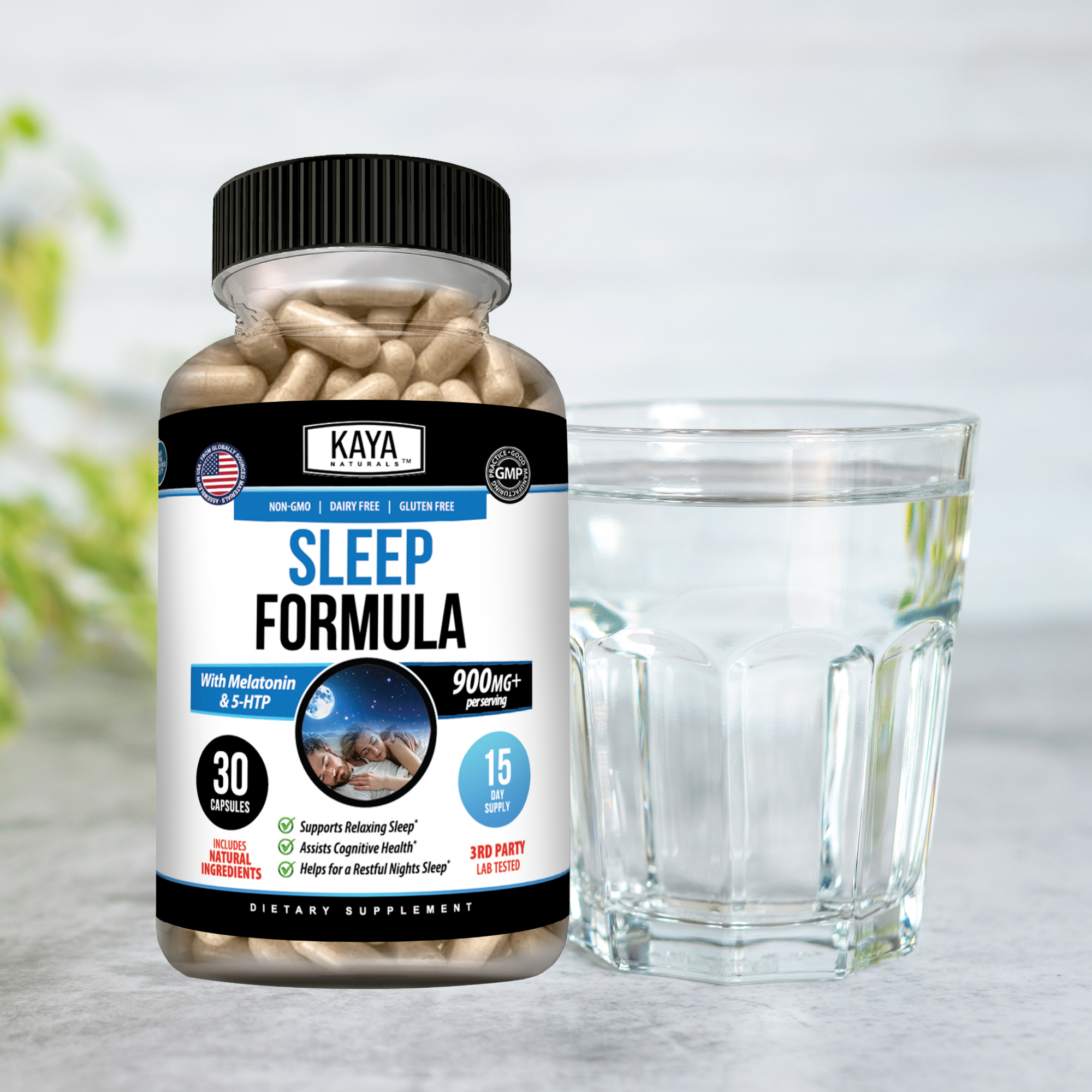 Kaya Naturals Sleep Support Capsules featuring natural ingredients in a clear bottle with a white cap.