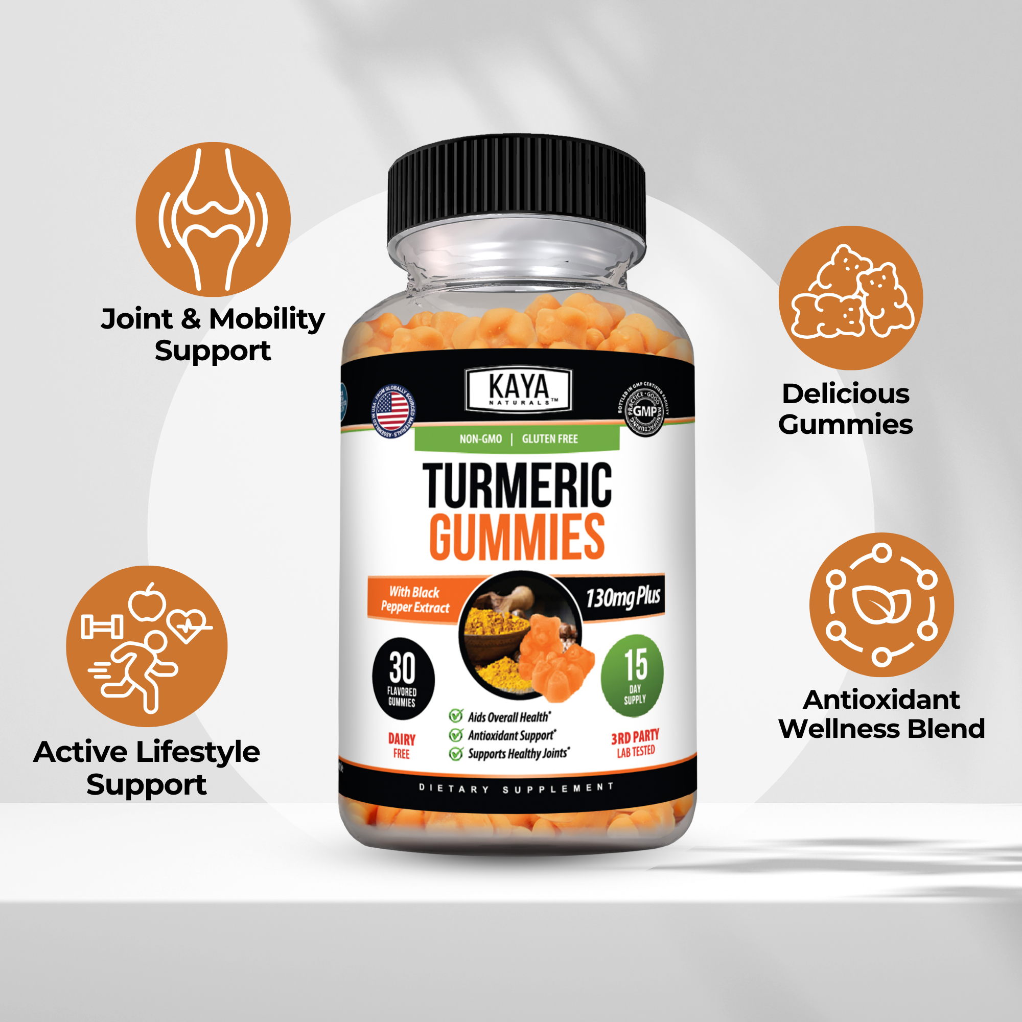 Kaya Naturals turmeric gummies in a clear container, showing bright yellow, fruit-flavored turmeric supplement chews.