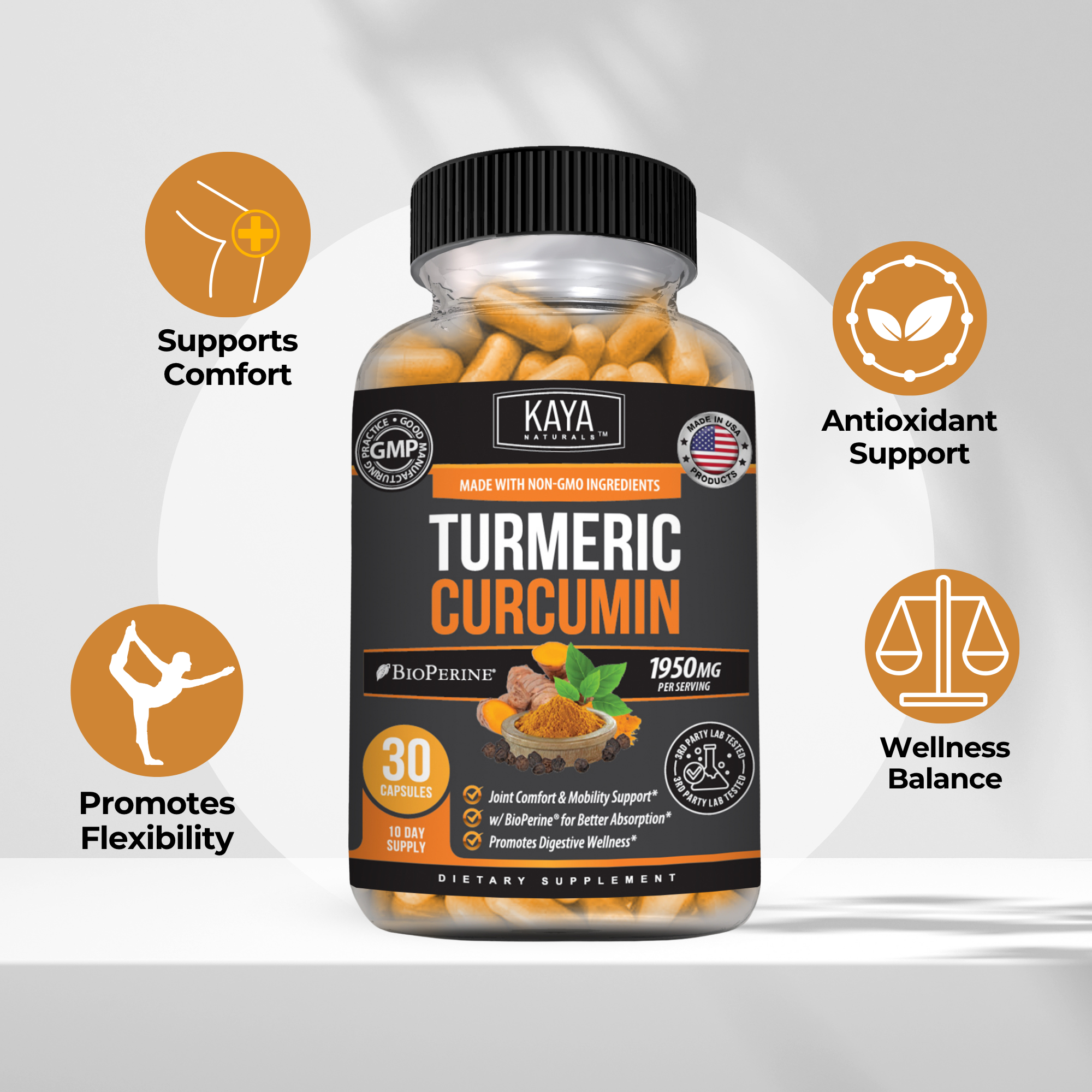 Kaya Naturals Turmeric with BioPerine supplement bottle, designed for joint and inflammation support, with turmeric root image.