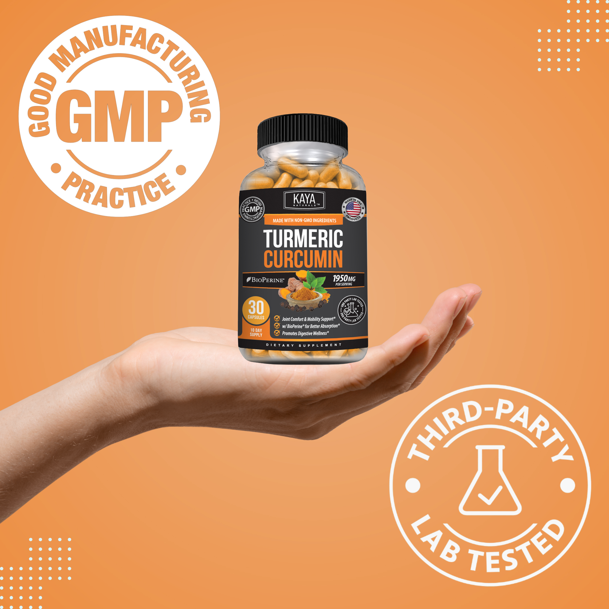Bottle of Kaya Naturals Turmeric with BioPerine supplement for joint and inflammation support, with turmeric roots and capsules visible.