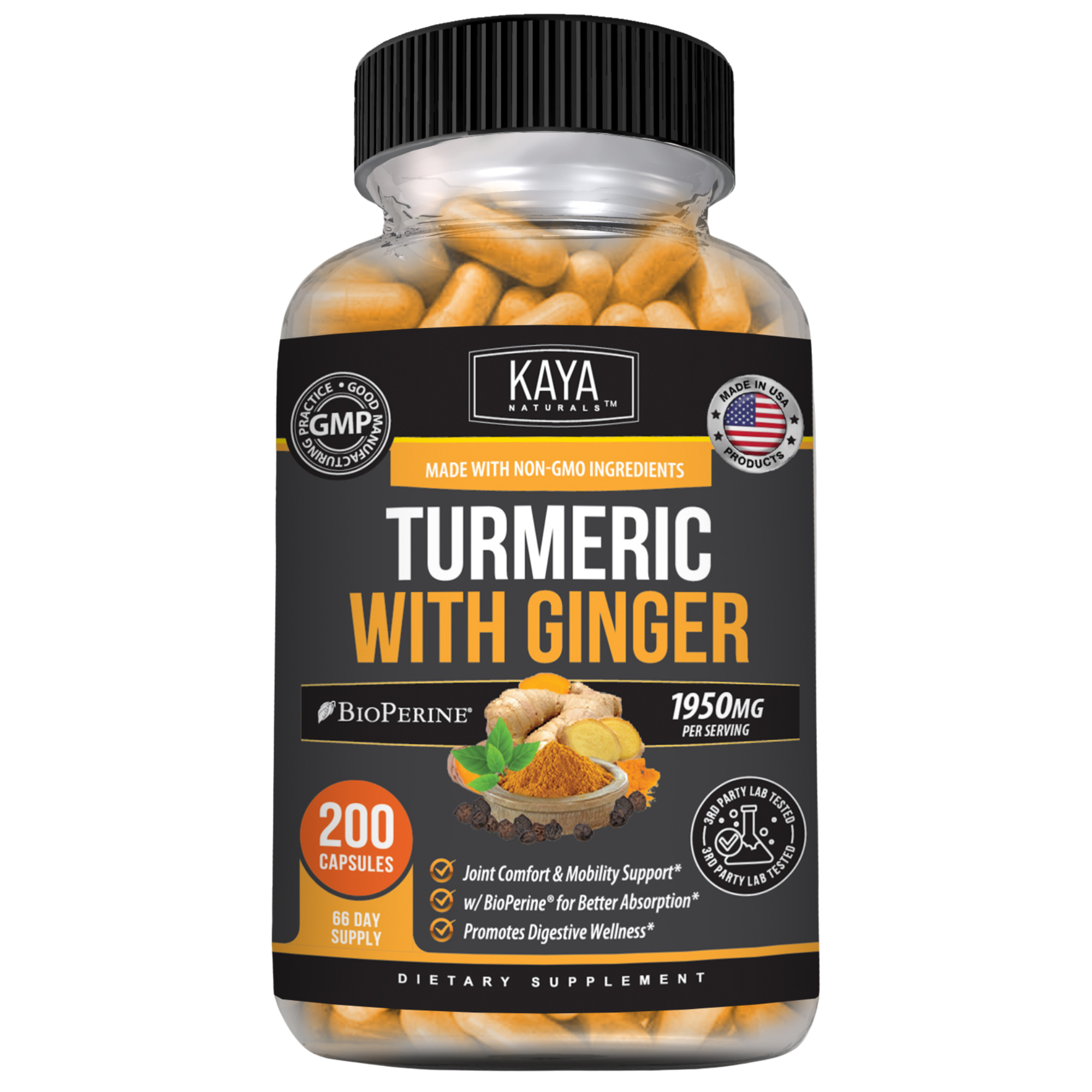 Bottle of Kaya Naturals Turmeric with Ginger supplement for joint and digestive support, featuring fresh turmeric and ginger root images.