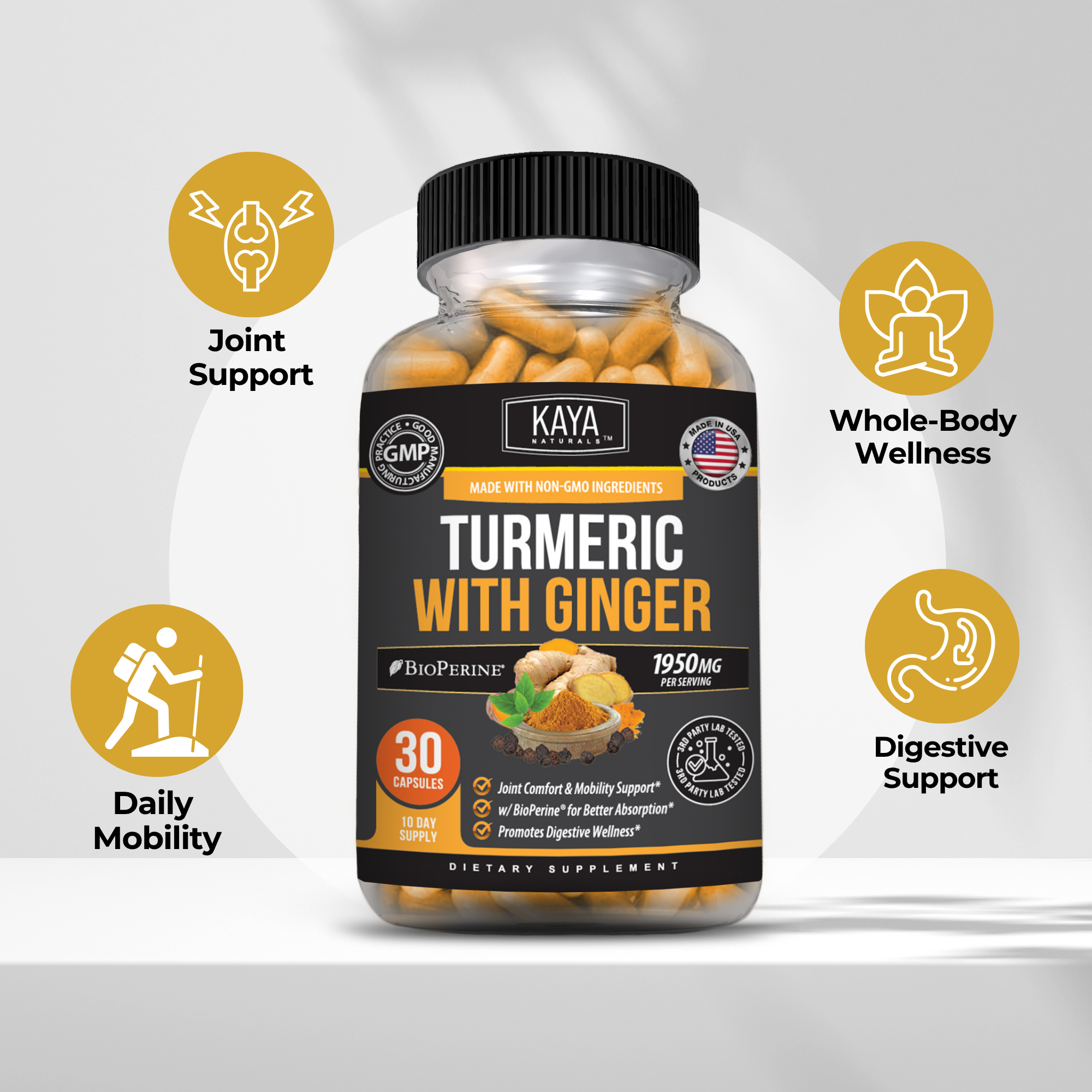 Bottle of Kaya Naturals Turmeric with Ginger supplement for joint and digestive support, with turmeric roots and ginger slices visible.