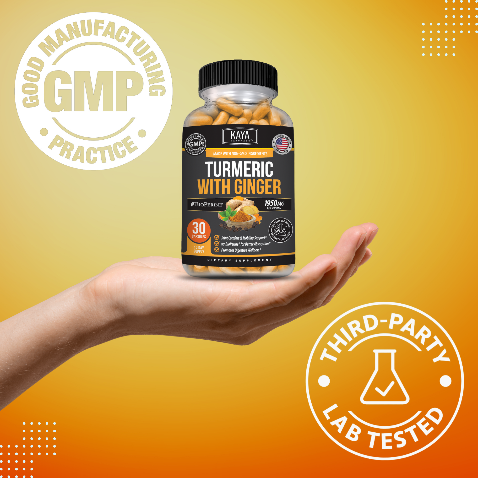 Kaya Naturals turmeric with ginger supplement for joint and digestive support, showing the bottle and label.