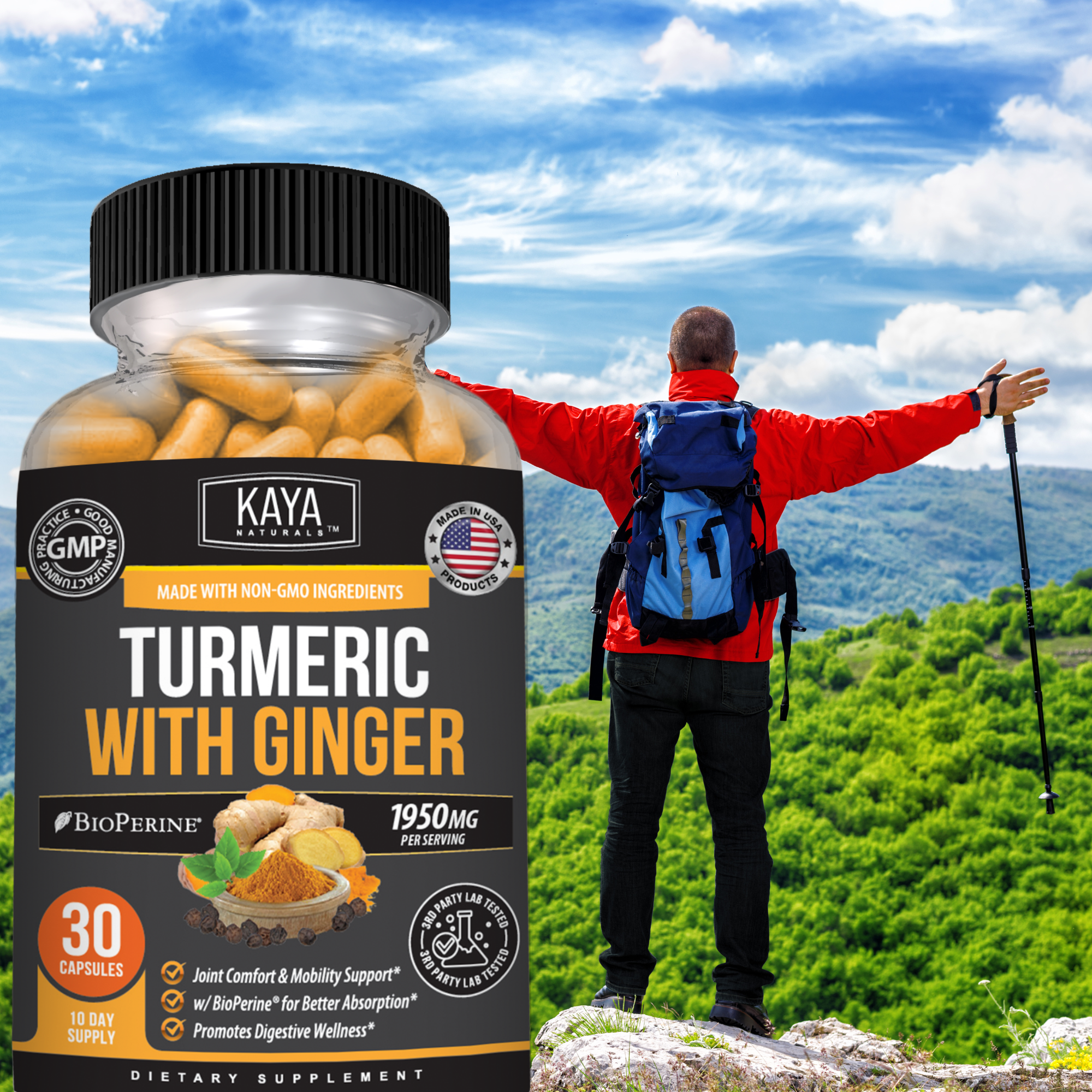 Bottle of Kaya Naturals turmeric with ginger supplement for joint and digestive support, featuring fresh turmeric and ginger roots.