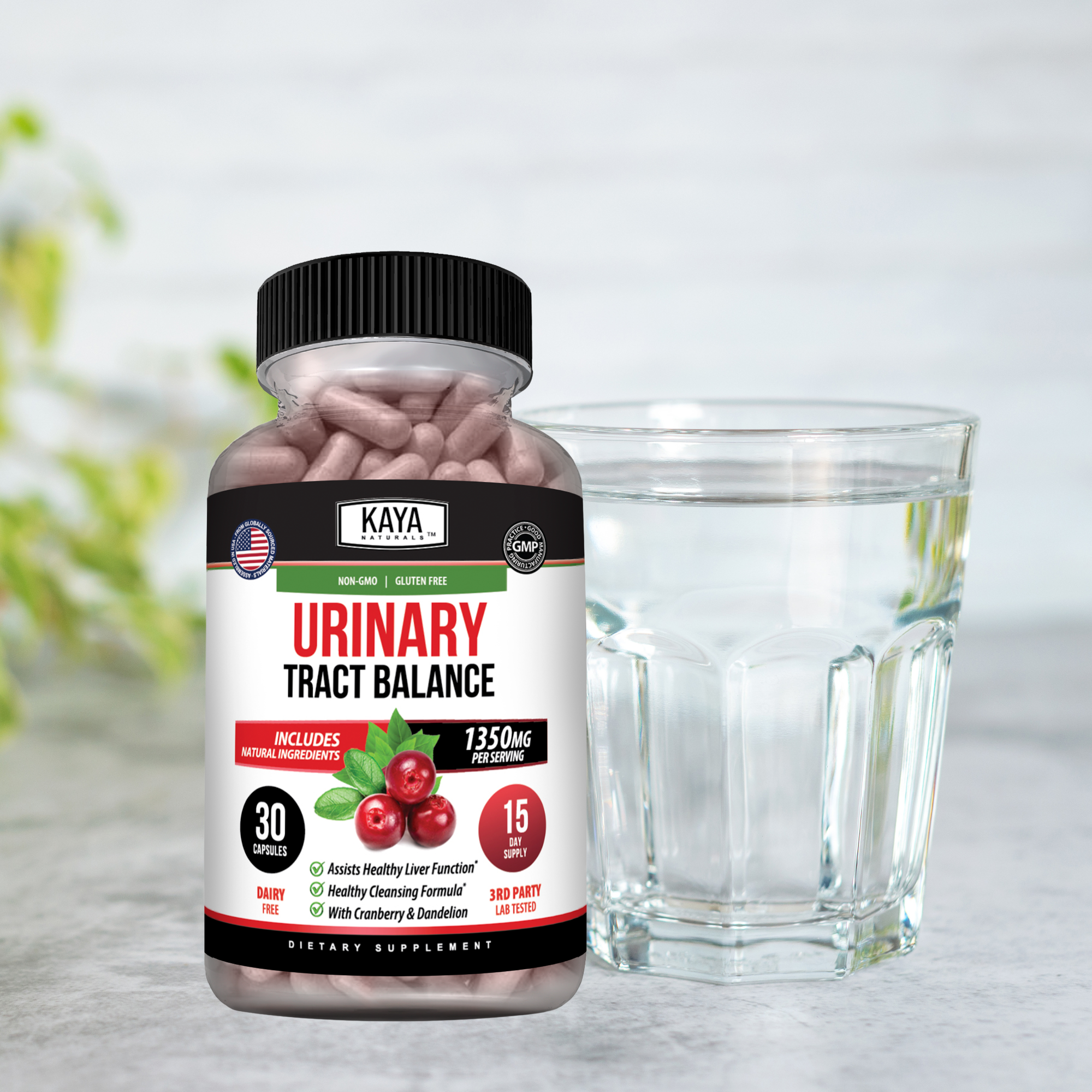 Kaya Naturals Urinary Tract Balance supplement bottle with label and capsules on a white background.