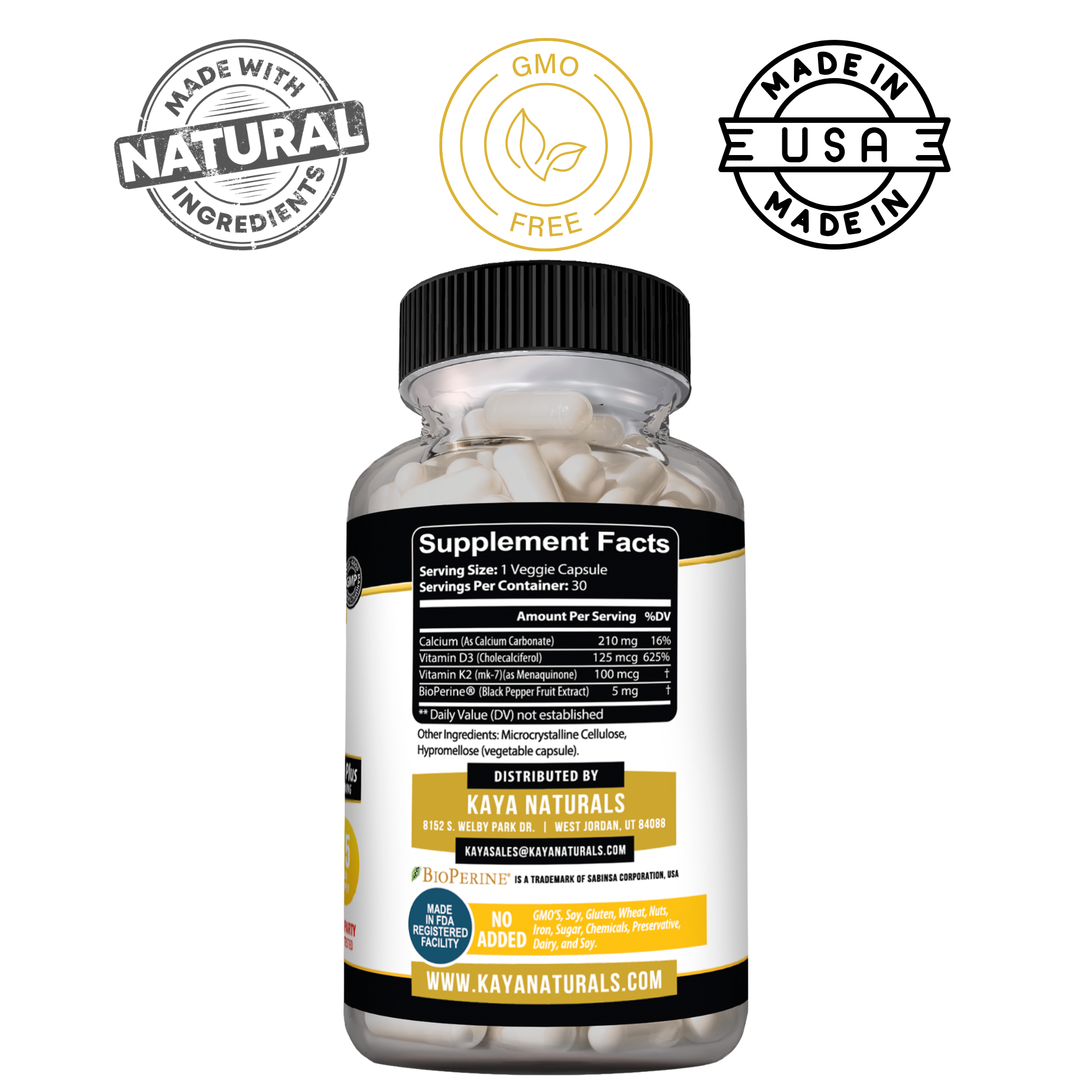 Vitamin K2 and D3 Max supplement by Kaya Naturals showing a bottle of dietary vitamins and capsules on a white background.