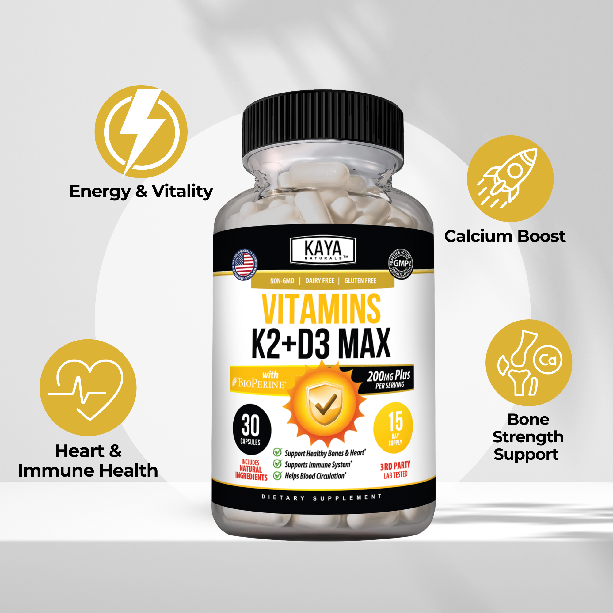 Bottle of Kaya Naturals Vitamin K2 + D3 Max supplement with label and capsules visible.