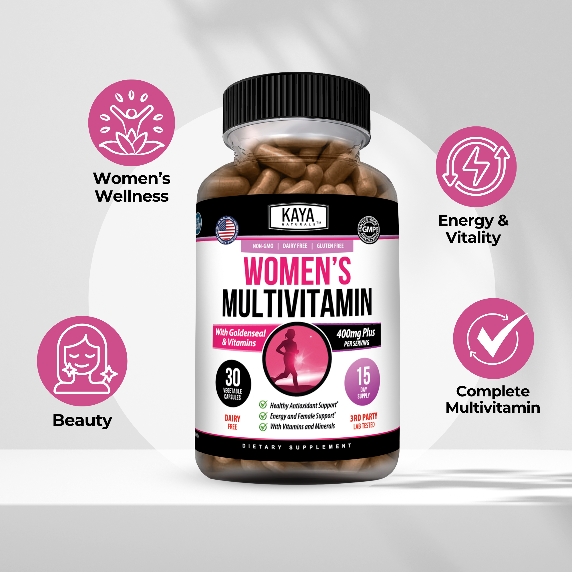 Bottle of Kaya Naturals Women’s Daily Multivitamins with 30 tablets, featuring colorful label and supplement details.