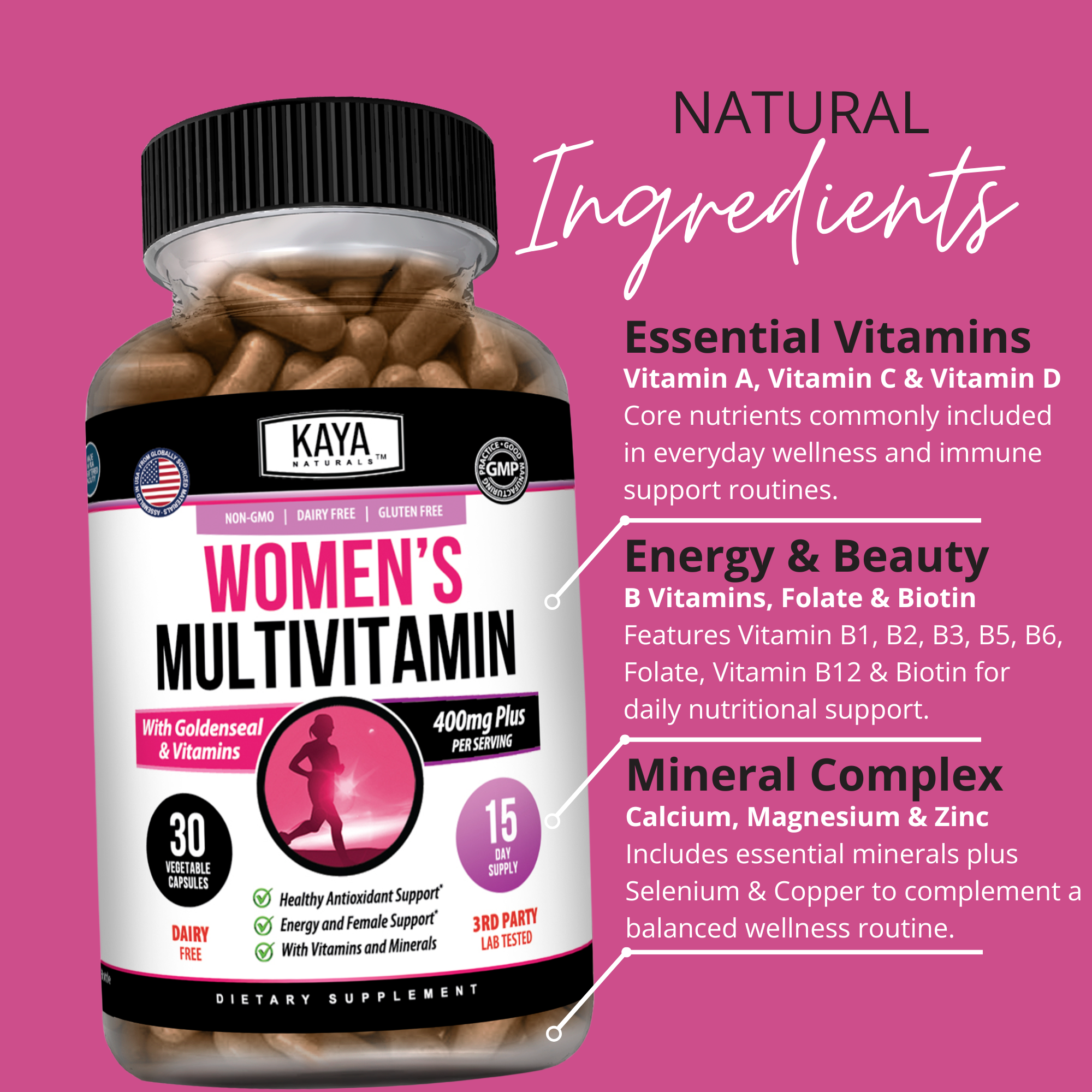 Bottle of Kaya Naturals Women’s Daily Multivitamin with 30 tablets, featuring colorful label and natural health branding.