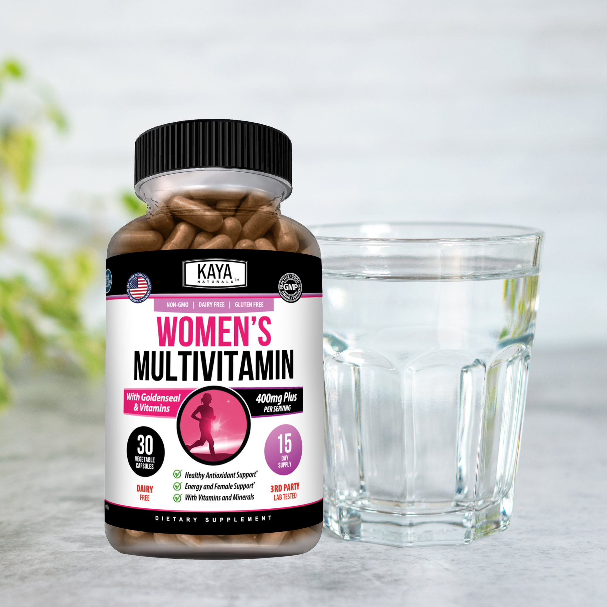 Bottle of Kaya Naturals Women’s Daily Multivitamin with 30 tablets, featuring colorful packaging and label showing health benefits