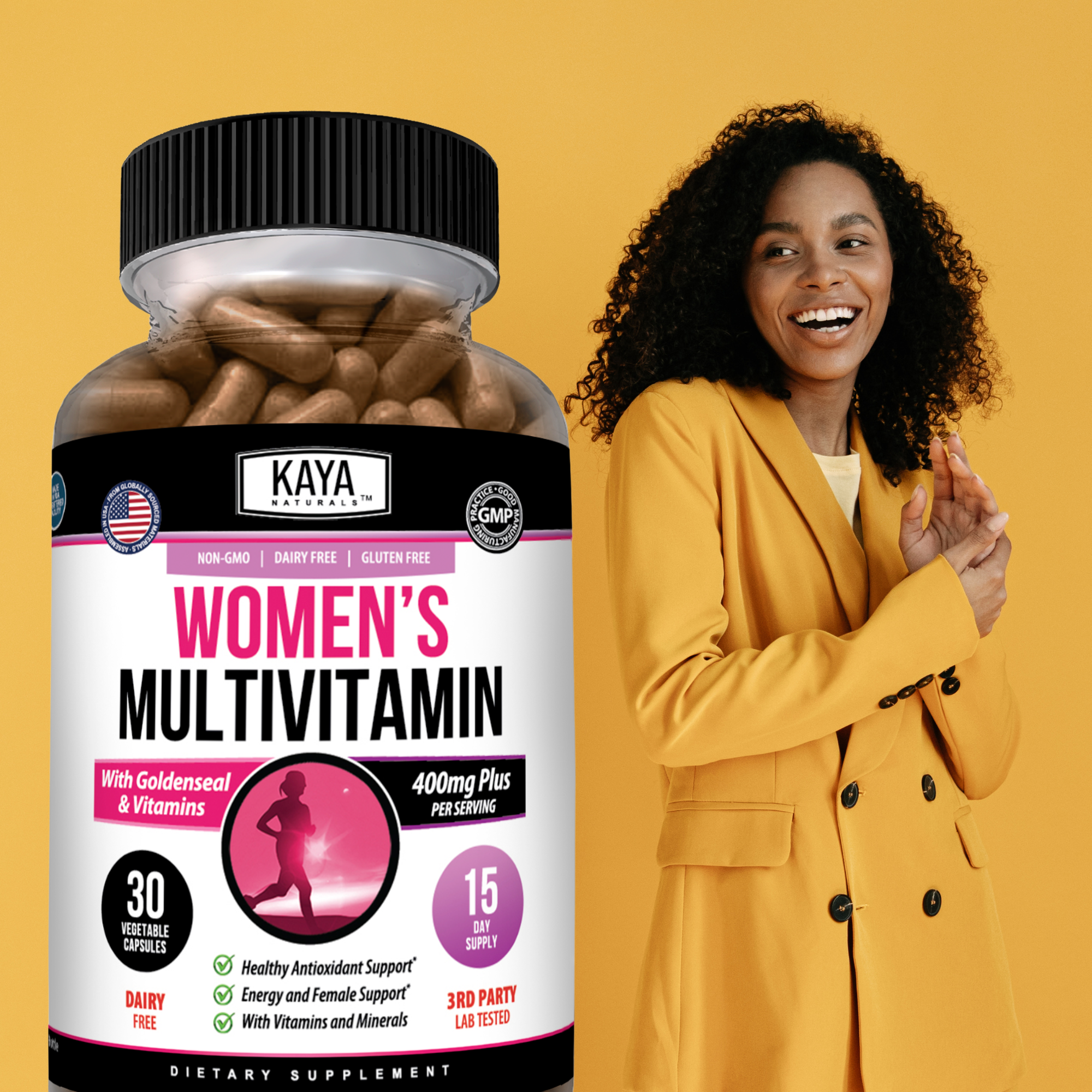 Bottle of Kaya Naturals Women's Daily Multivitamin supplements with 30 tablets, featuring colorful label and branding.