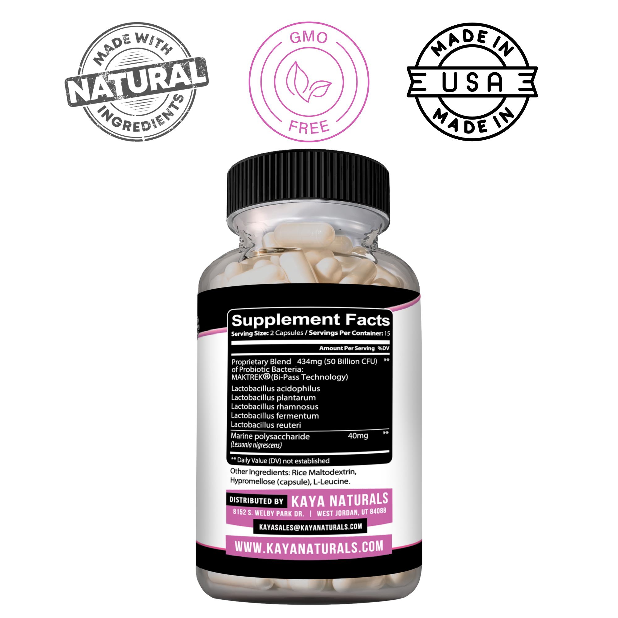 Women's probiotic supplement by Kaya Naturals with 50 billion CFU, featuring capsules in a bottle on a white background.
