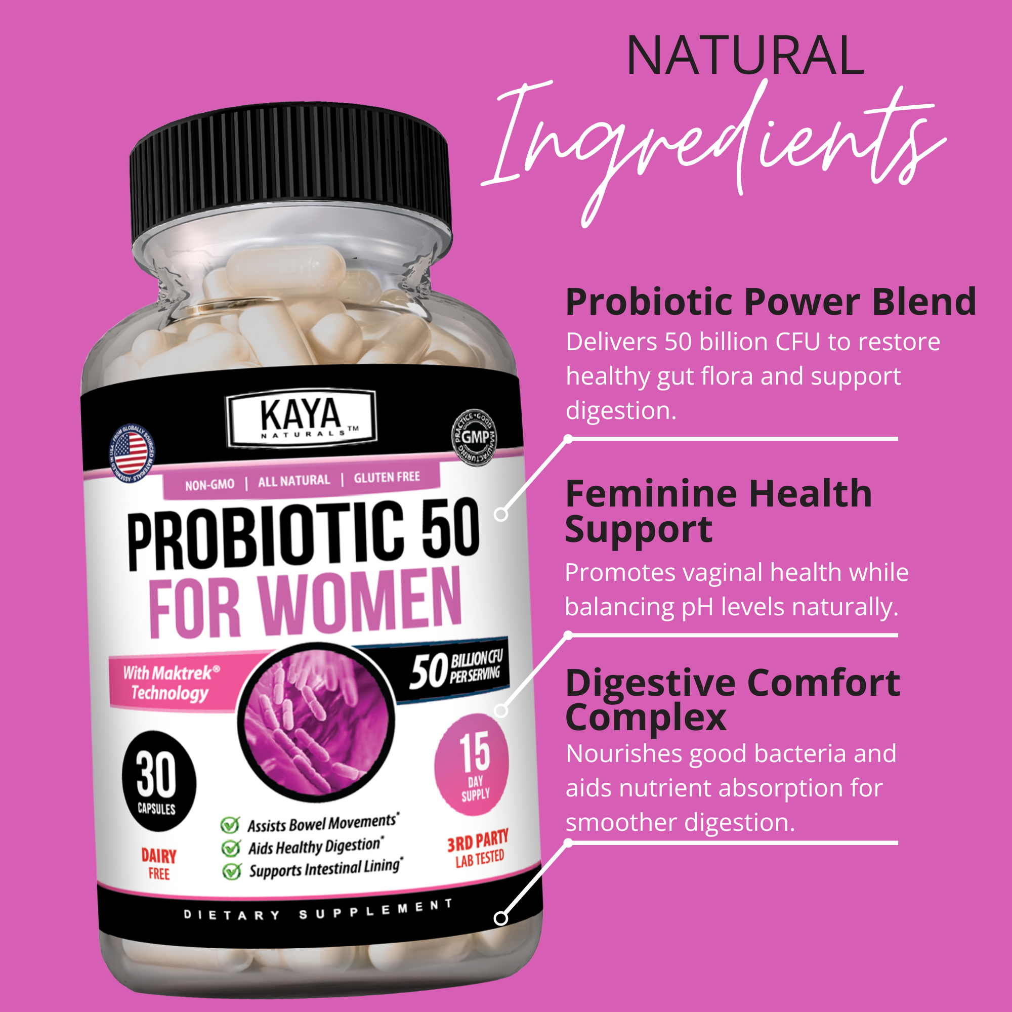 Women's probiotic supplement by Kaya Naturals with 50 billion CFU, featuring capsules in a natural health setting