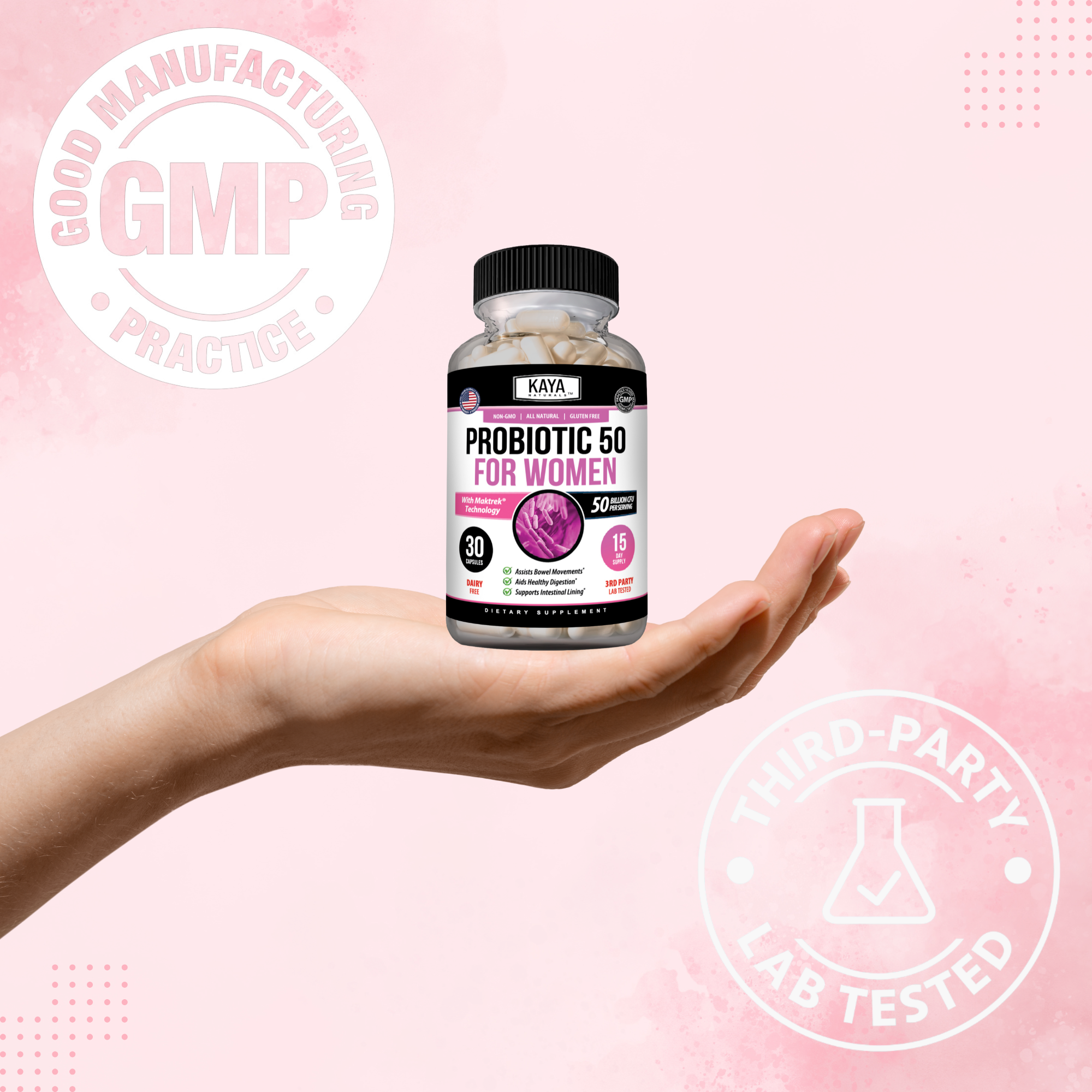 Women's probiotic supplement by Kaya Naturals with 50 billion CFU, showing the bottle and label with probiotic capsules inside.