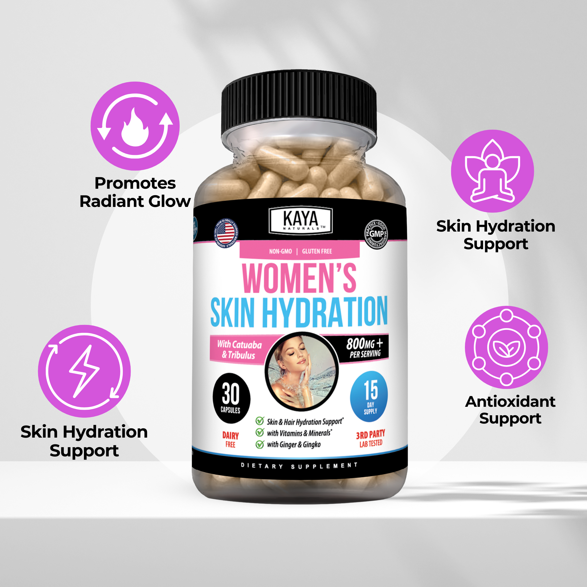 Women’s skin hydration product by Kaya Naturals featuring a sleek jar of moisturizer for glowing, healthy skin.