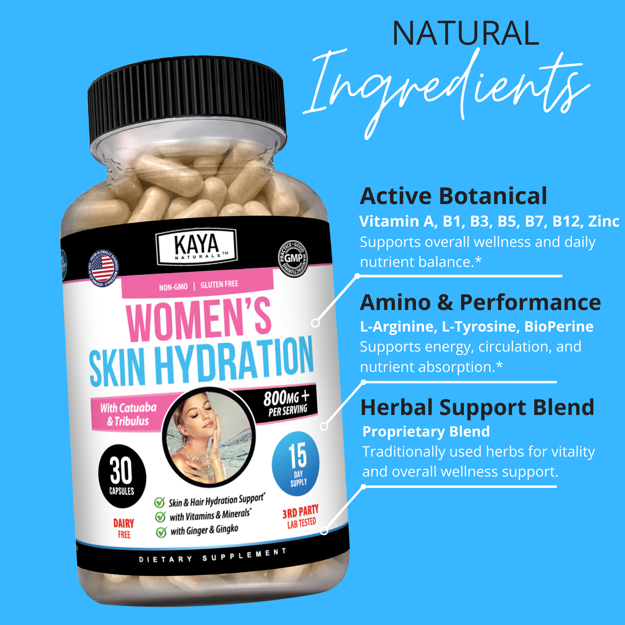 Woman applying Kaya Naturals Women's Skin Hydration moisturizer, showing smooth, glowing skin in a bright setting