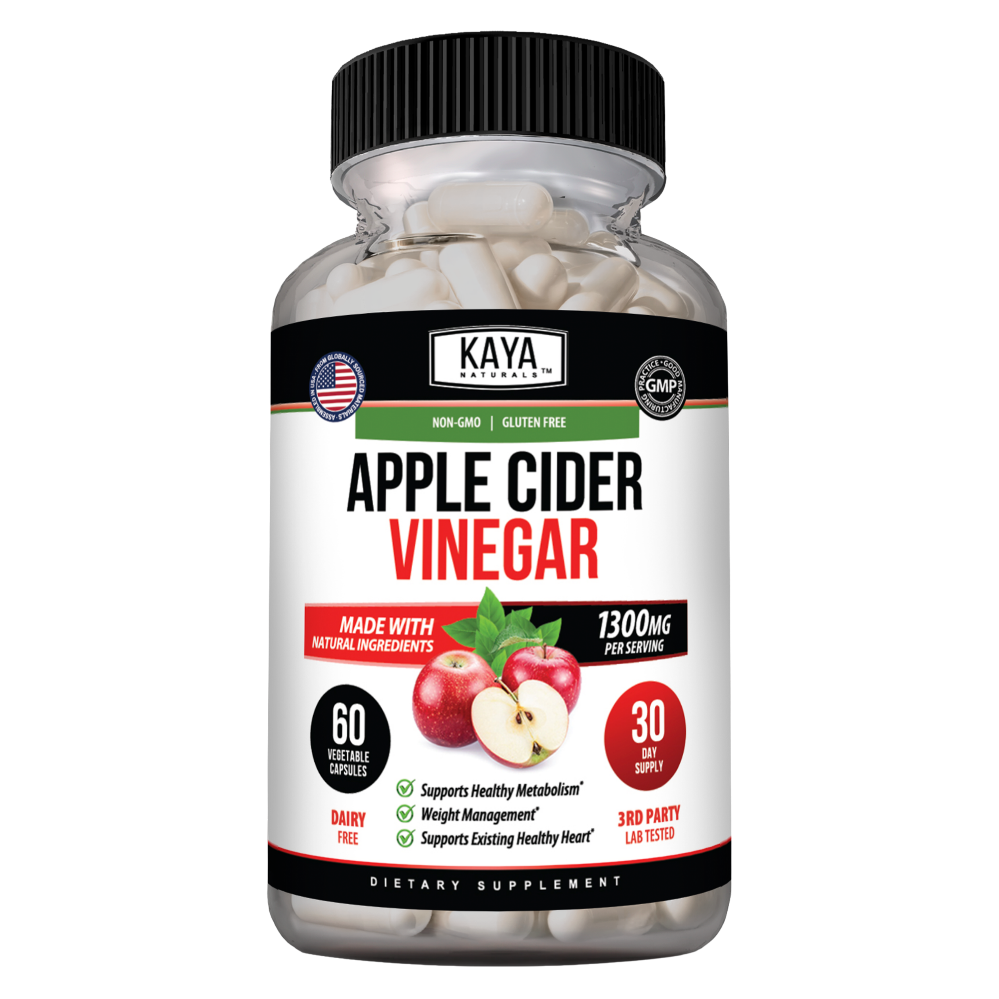 Kaya Naturals Apple Cider Vinegar Capsules in a white bottle with label, showing 60 capsules for health and wellness.