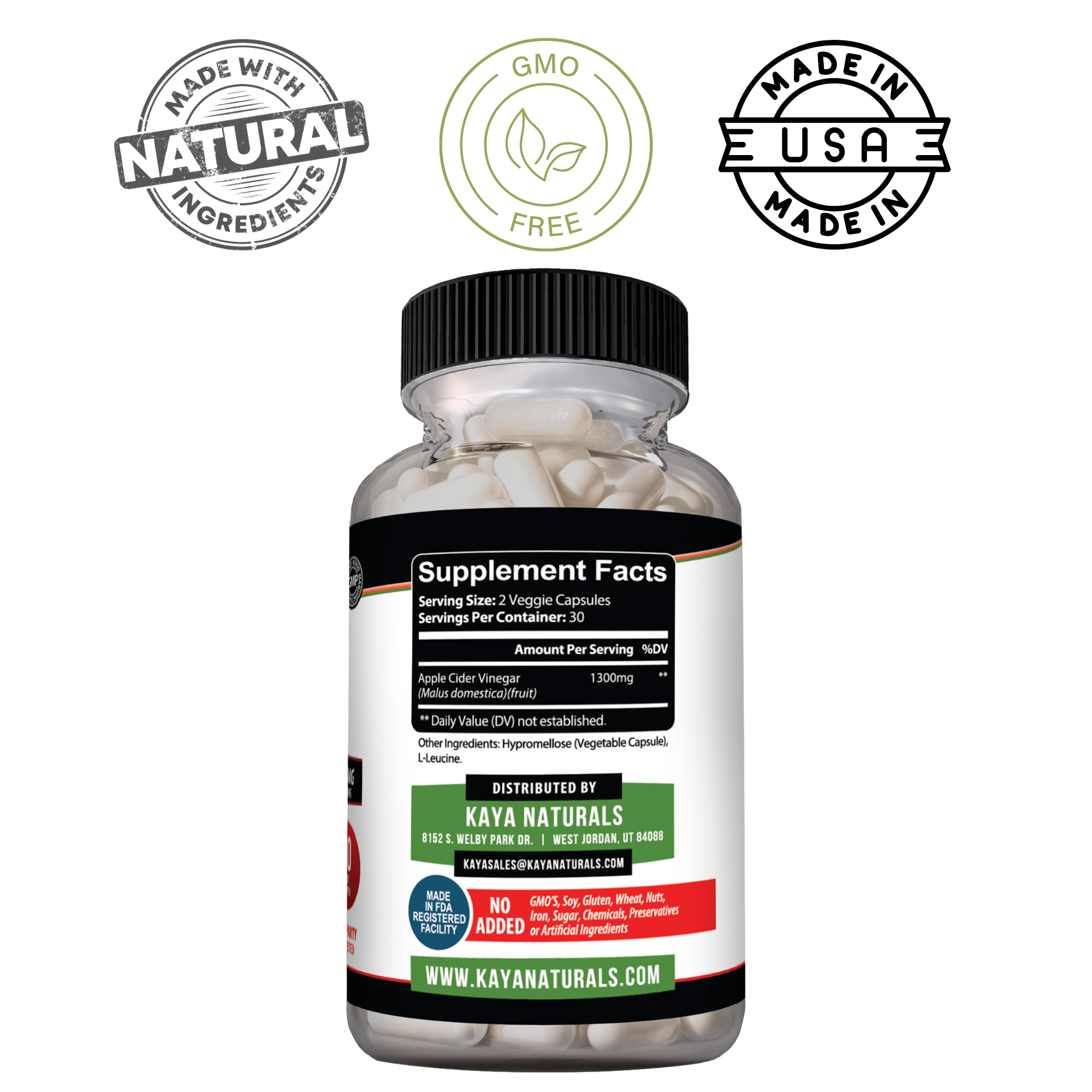 Kaya Naturals Apple Cider Vinegar Capsules in a clear bottle, showing 60 capsules with label and branding.