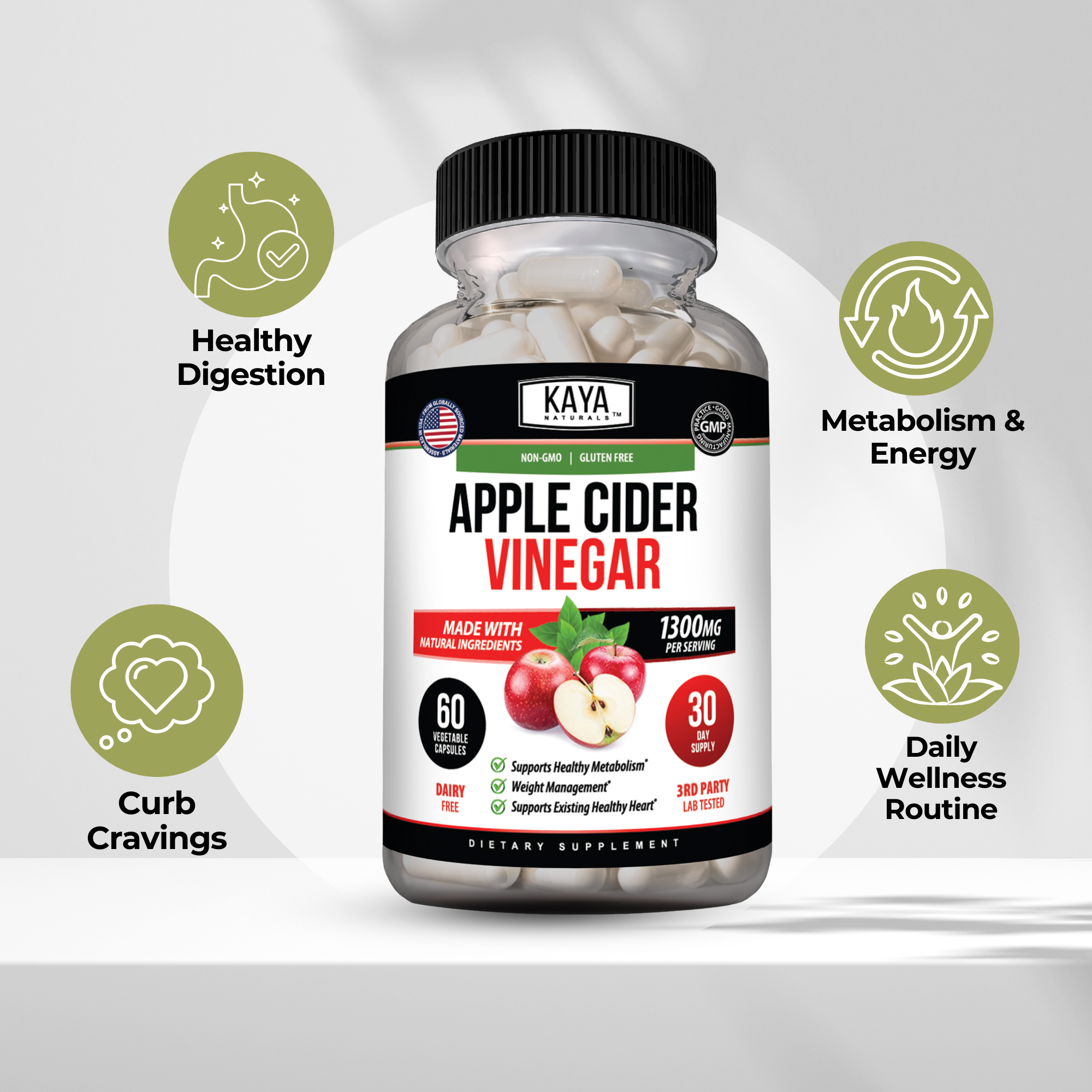 Kaya Naturals Apple Cider Vinegar Capsules in a clear bottle with 60 capsules, showing the product label and capsules inside.